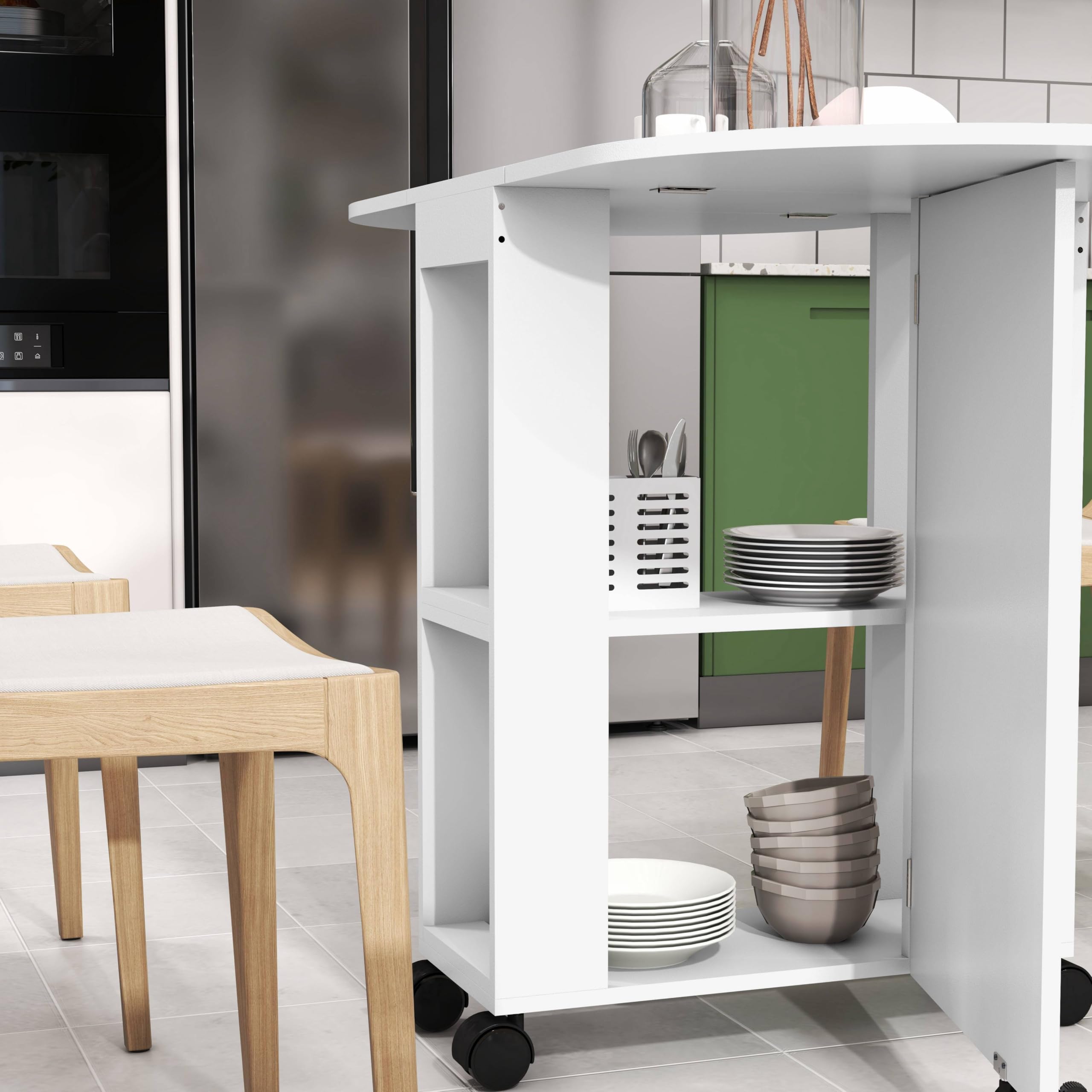 HOMCOM Table à Manger Pliante sur roulettes 4 Pers. 120x60x77 cm Blanc | Table de Cuisine, 2 Abattants, 2 Étagères de Rangement, pour Petits Espaces
