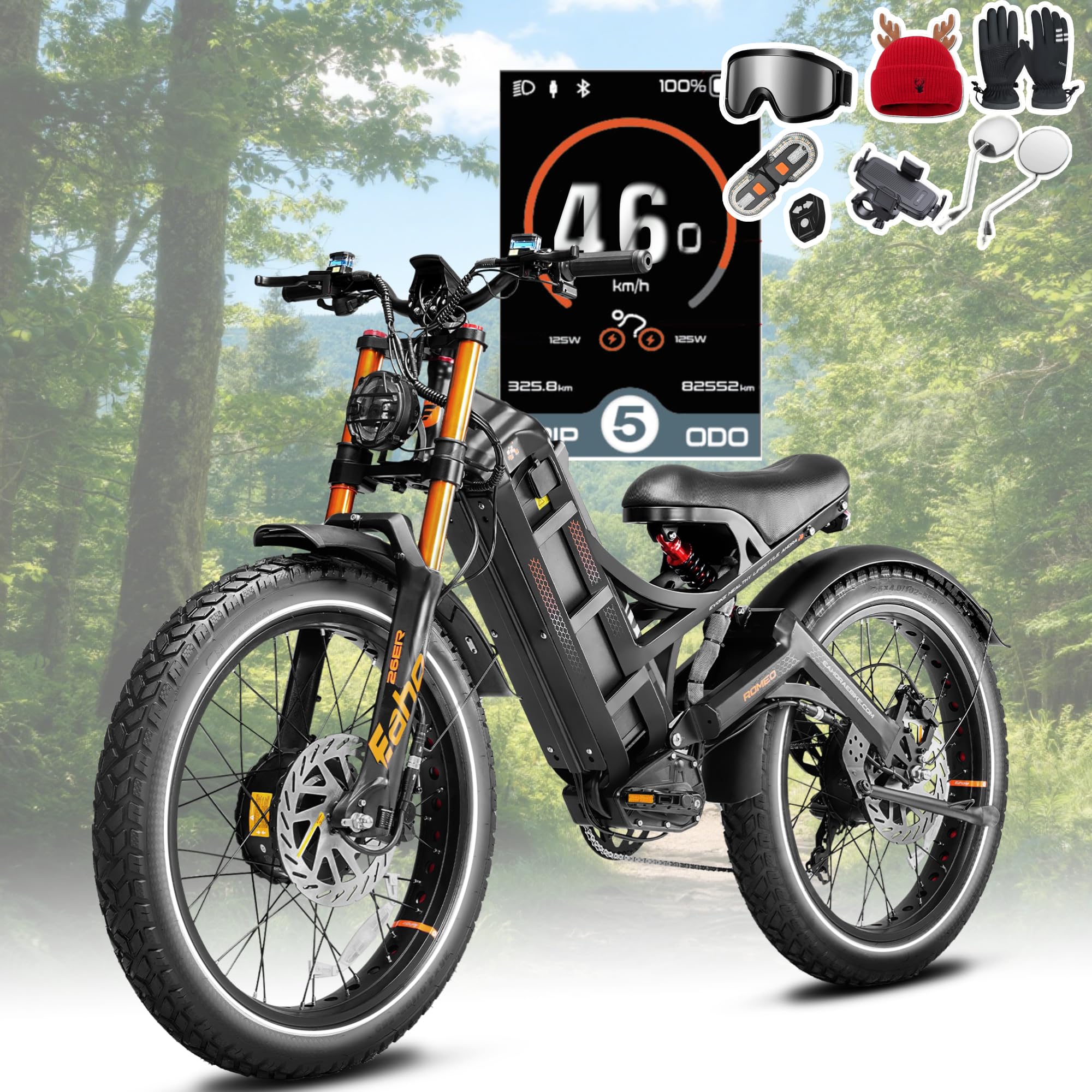 eAhora Romeo Pro 3/2 [2025] 46-50 Mph Electric Bike for Adults, Peak 5600W Dual Motor Ebike, 60V/52V 80Ah/70Ah 250 Miles Long Range E Bike, 26”*4.0 Fat Tire Air Full Suspension Off-Road E-Bike
