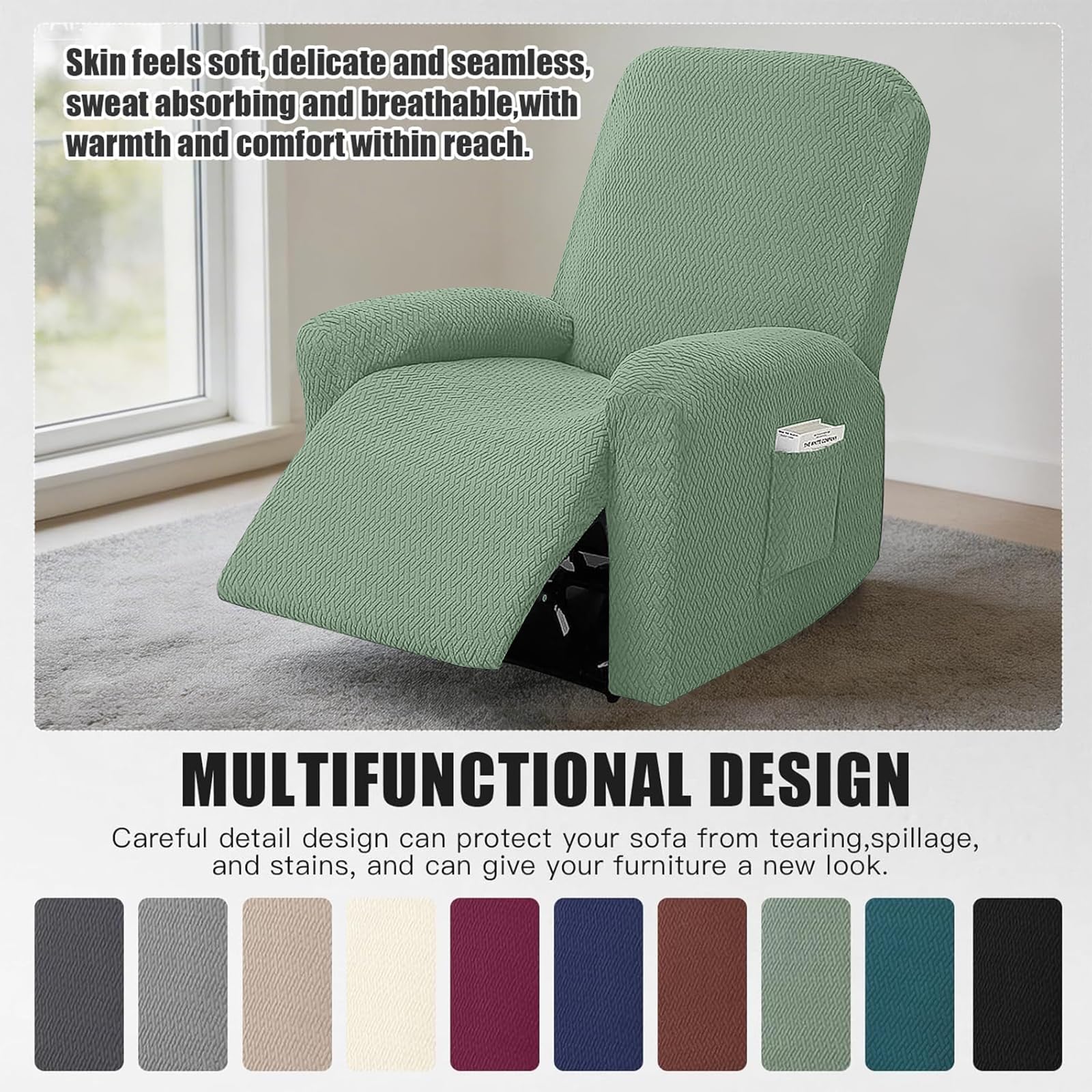 Funda Sillon Relax Reclinable 1 Plaza, Funda Sofa Relax con Bolsillos, Fundas Elástica de Jacquard a Rayas Diseño Todo Incluido para Sillón Reclinable (Verde Pino)