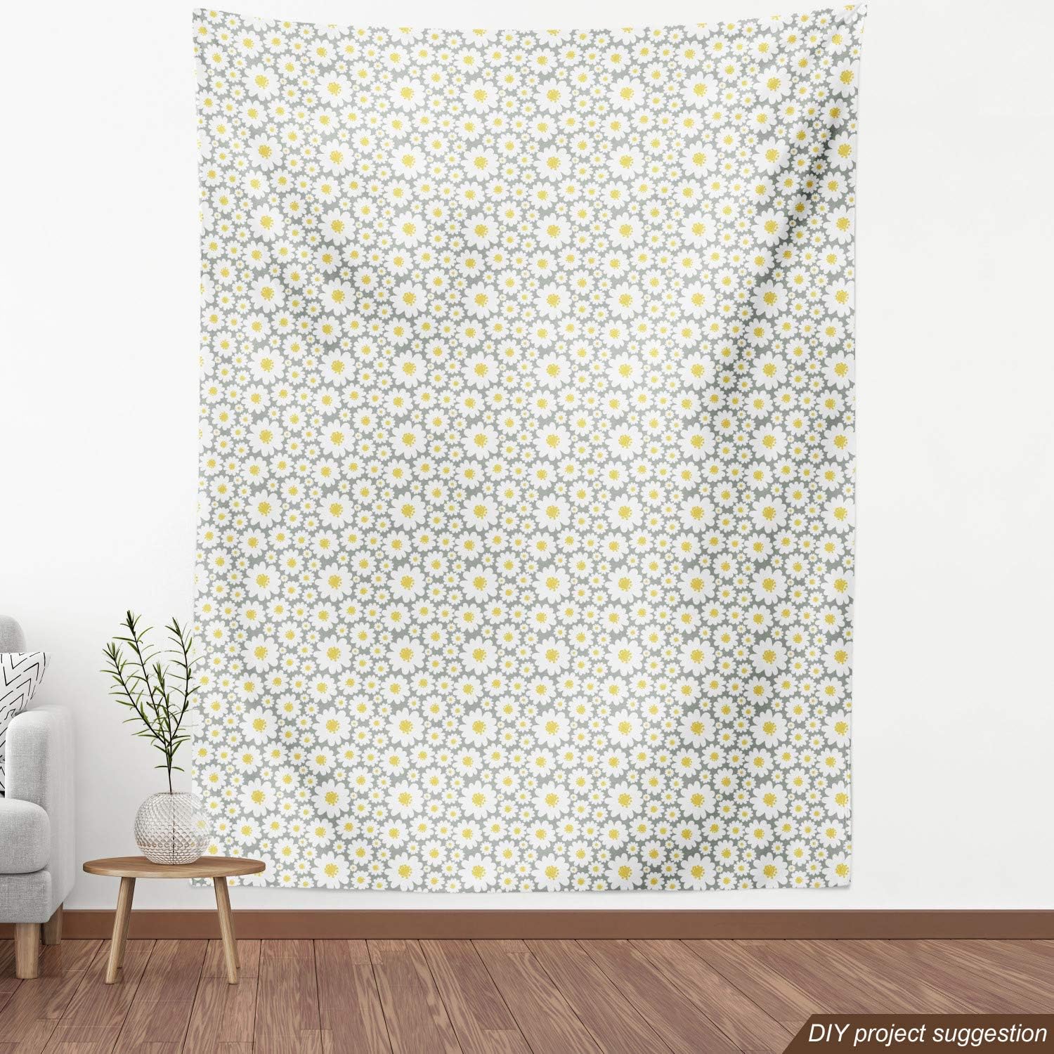 Lunarable Grey and Yellow Fabric by The Yard, Spring Daisies Summer Themed Ornament Blossoming Spring Nature Art, Decorative Fabric for Upholstery and Home Accents, 3 Yards, Yellow White Grey