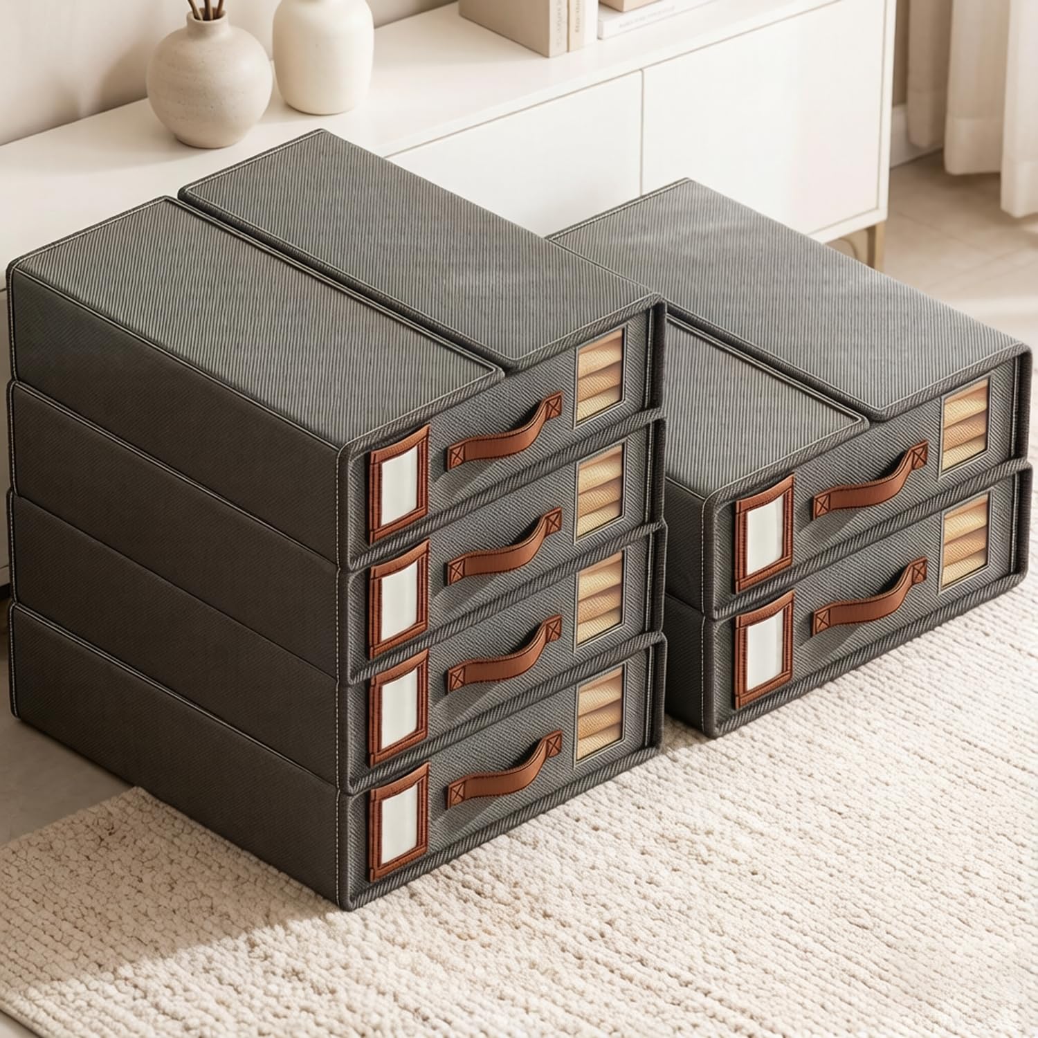 Organizzatore per Armadio, Set da 6 Scatole Tessuto Non Tessuto con Finestra Trasparente, Cerniera, Maniglia ed Etichetta, per Organizzazione di Lenzuola, Copripiumini, Vestiti e Coperte, Grigio