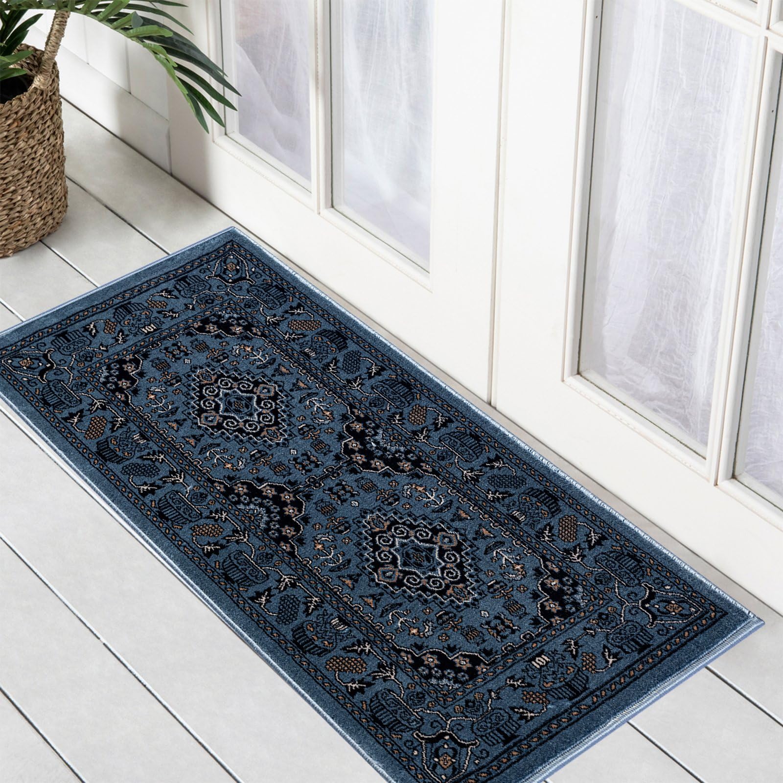 renoazul® Back Door Mats Indoor With Jute Back, Vintage Rug - Zinat 60x110 cm Turquoise - Washable Rugs For Kitchen, Bedside Rugs and Entrance Door Mat — image 1