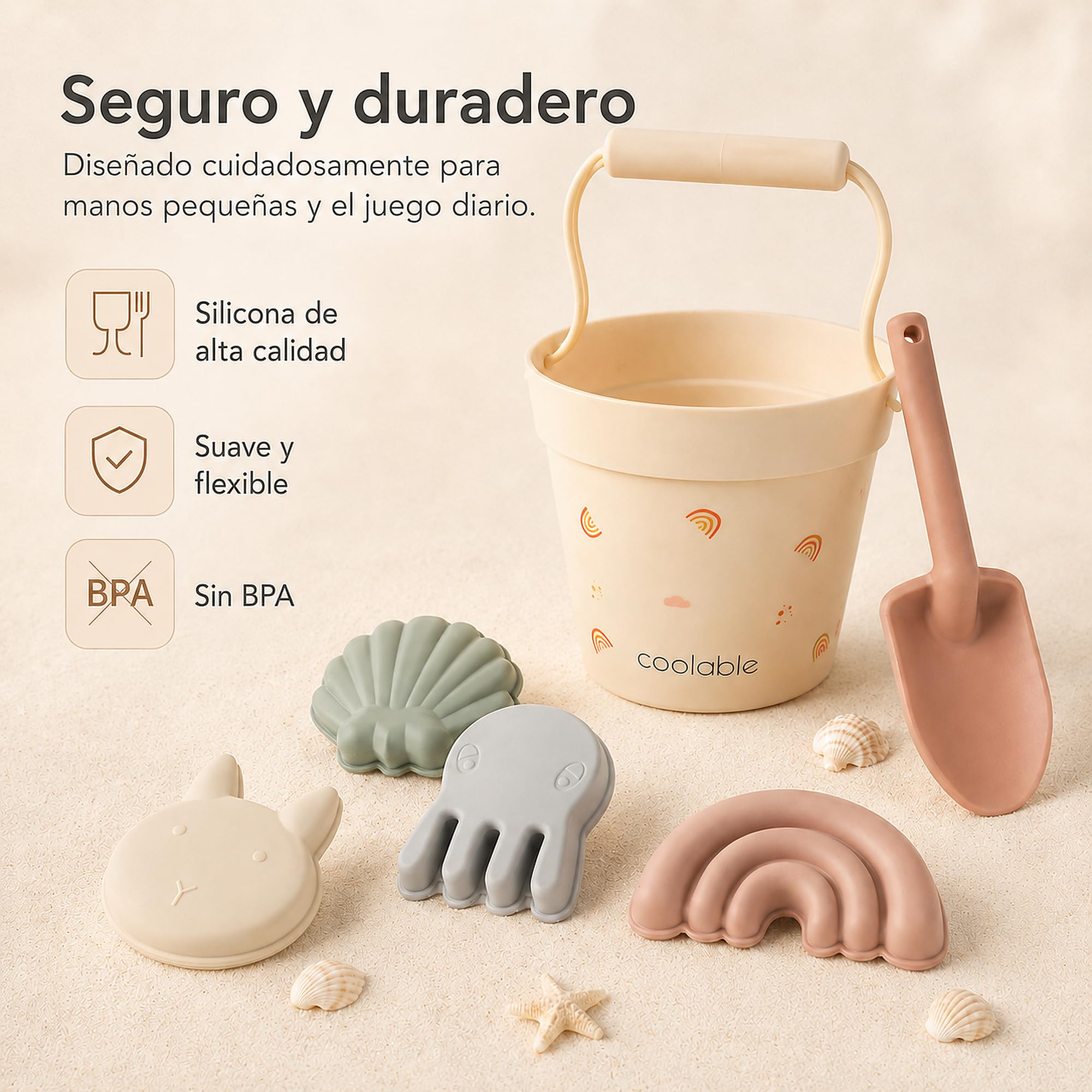 Set de 6 Juguetes de Playa de Silicona para Niños - Cubo Plegable, Pala, 4 Moldes de Arena y Bolsa de Malla - Arcoiris