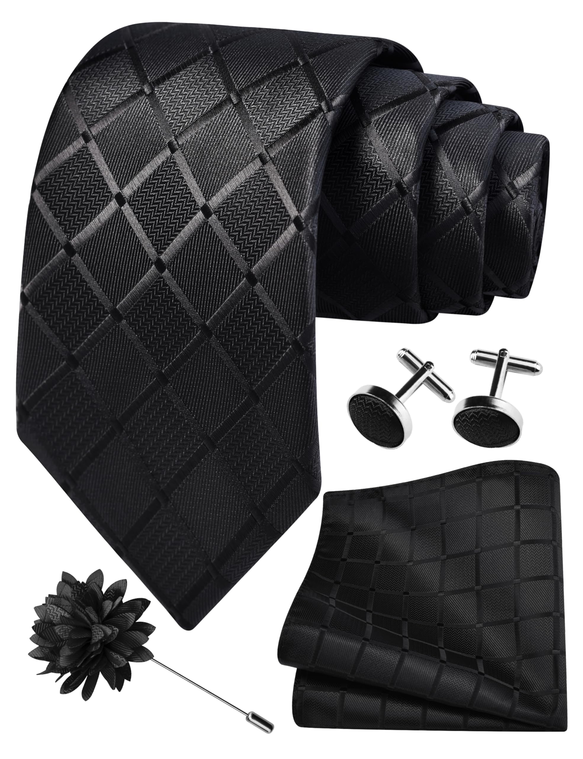 3.15"（8cm） Mens Tie and Lapel Pin Plaid Checkered Necktie Hankerchief Cufflinks Set for Men