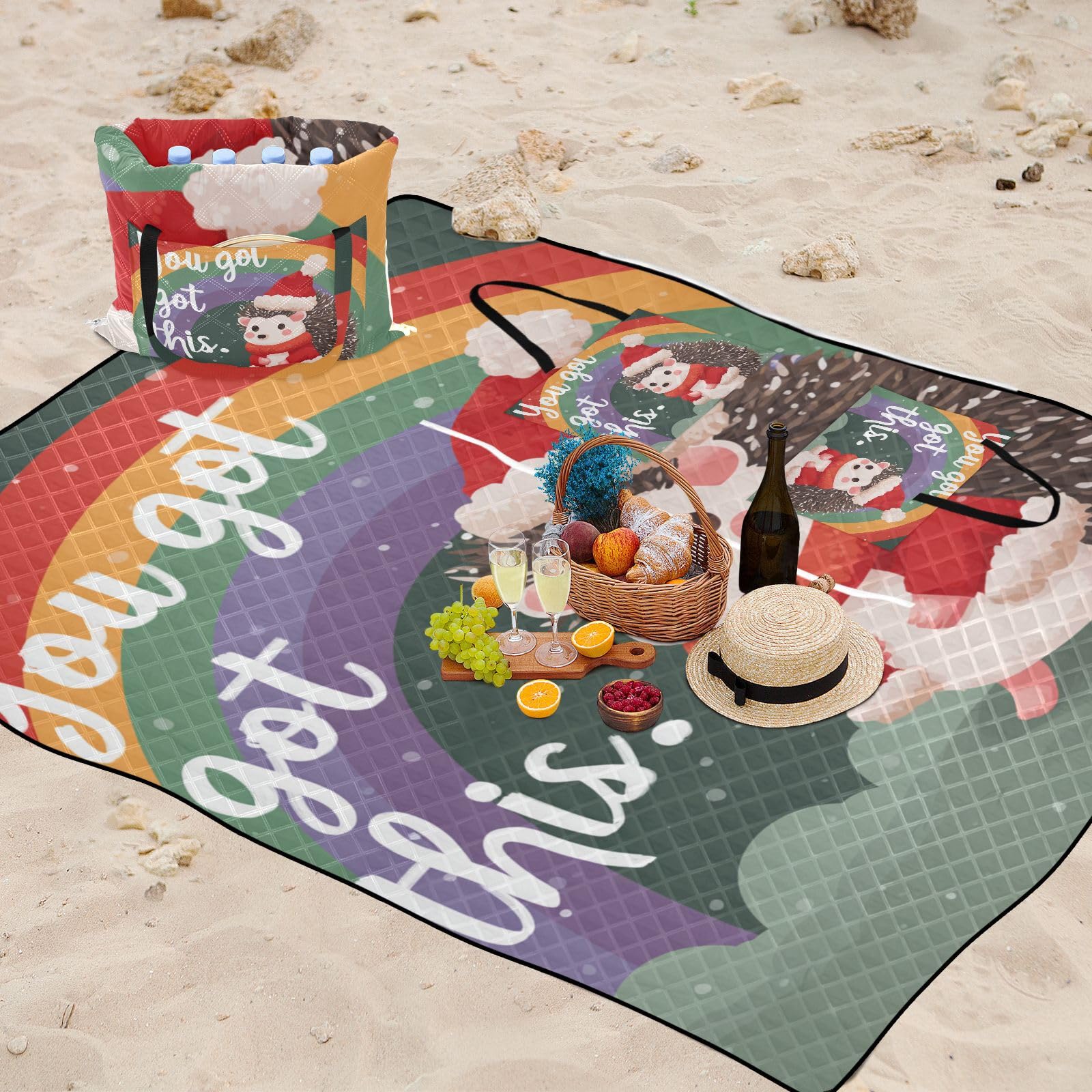 Beach Essentials duży wodoodporny koc 202 cm x 385 cm na artykuły piknikowe dla dzieci, masz ten tęczowy jeż