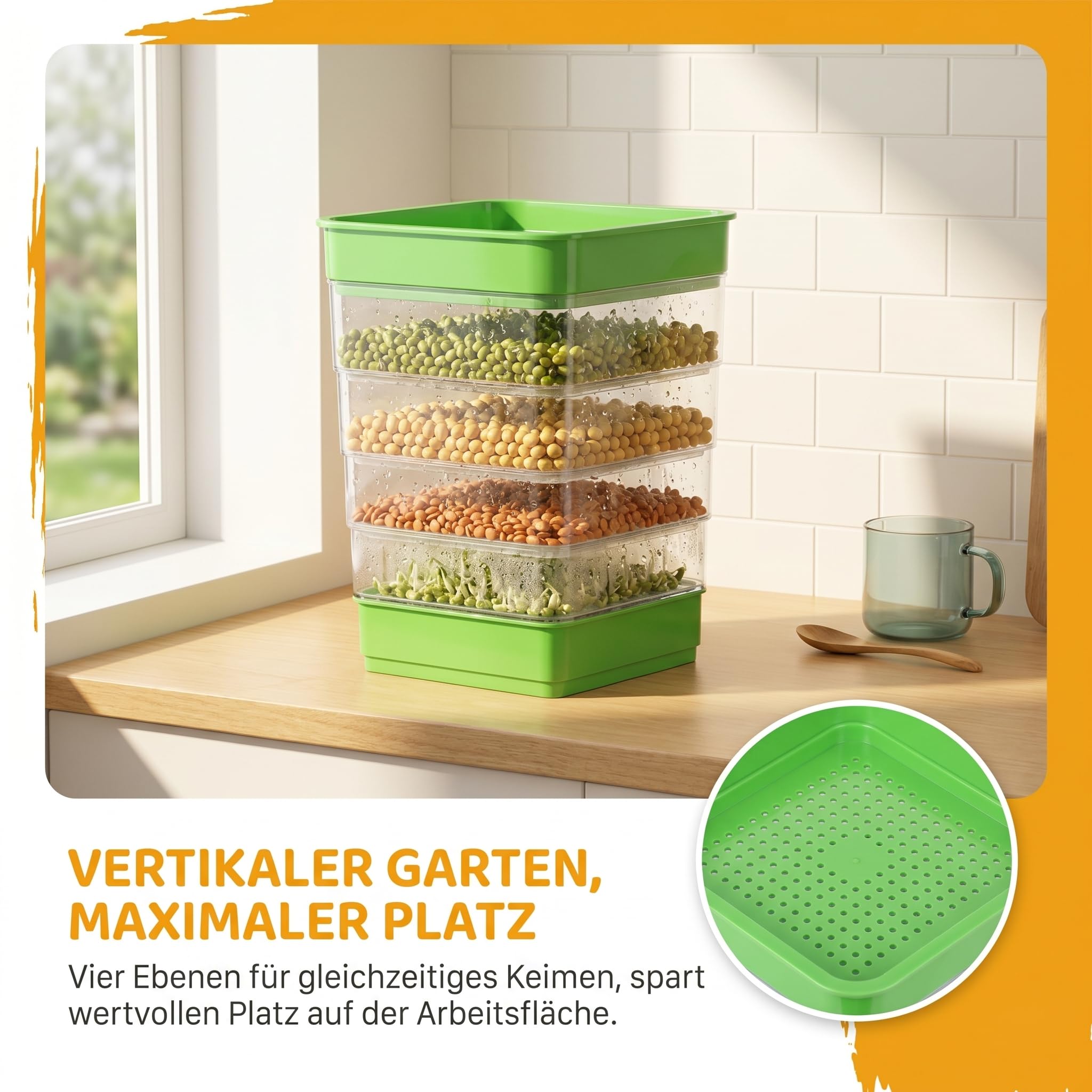 4-stöckiges Keimschale für Sprossen, Keimgerät für Microgreens | Gestapelte Grüne Mikroorganismen-Zuchtplatten für Sprossen und Microgreens, Ohne Erde, Wiederverwendbar, Hohe Keimrate