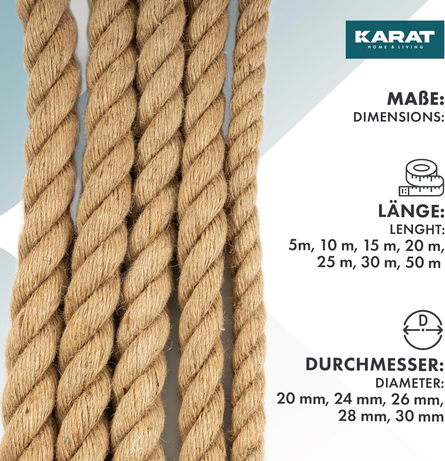 KARAT Cuerda de escalada de 30 m y 30 mm de grosor, cuerda de yute 100% natural, extrafuerte, cuerda de yute, para deporte, decoración de jardín, manualidades, árbol rascador