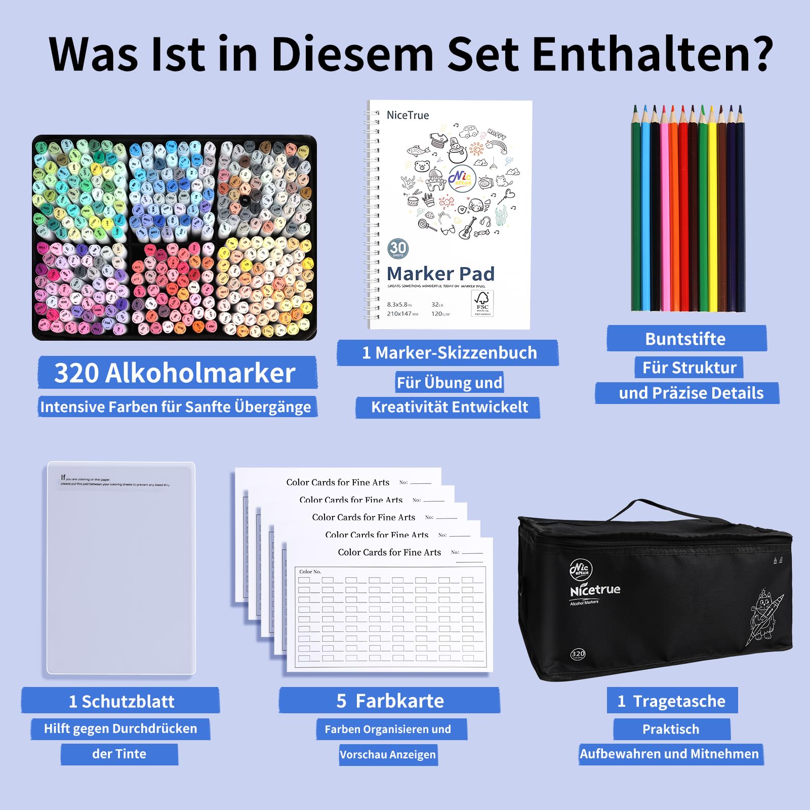 Alkohol Marker 320 Farben, Pinselspitze & Keilspitze Marker Set