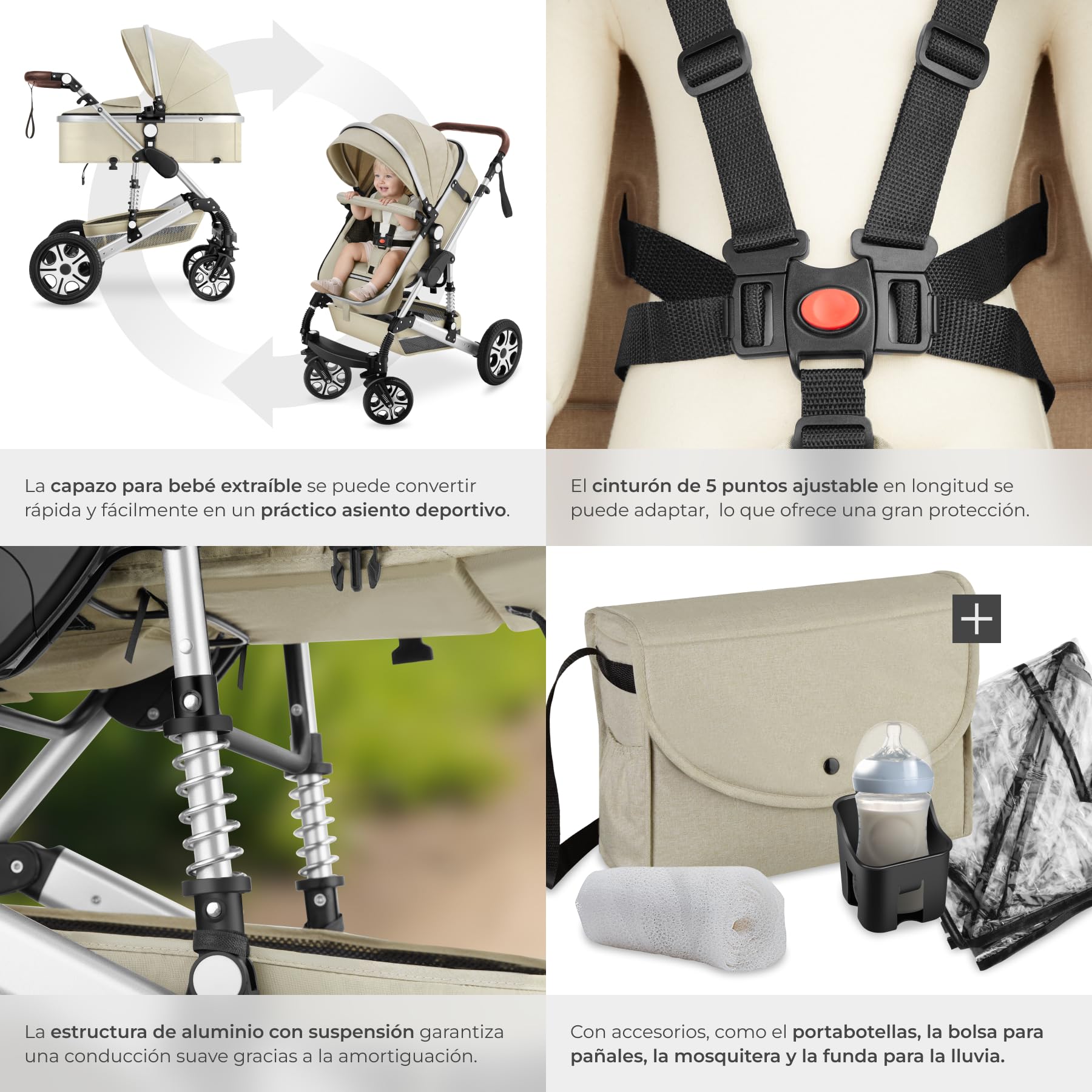 tectake® Cochecito Bebé Combinado 2 en 1, Carrito Bebé Plegable con Capazo Extraíble, Silla de Paseo con Respaldo Ajustable, Arnés de 5 Puntos, Freno de Pie y Capota Plegable, Carro Bebés - gris/beige