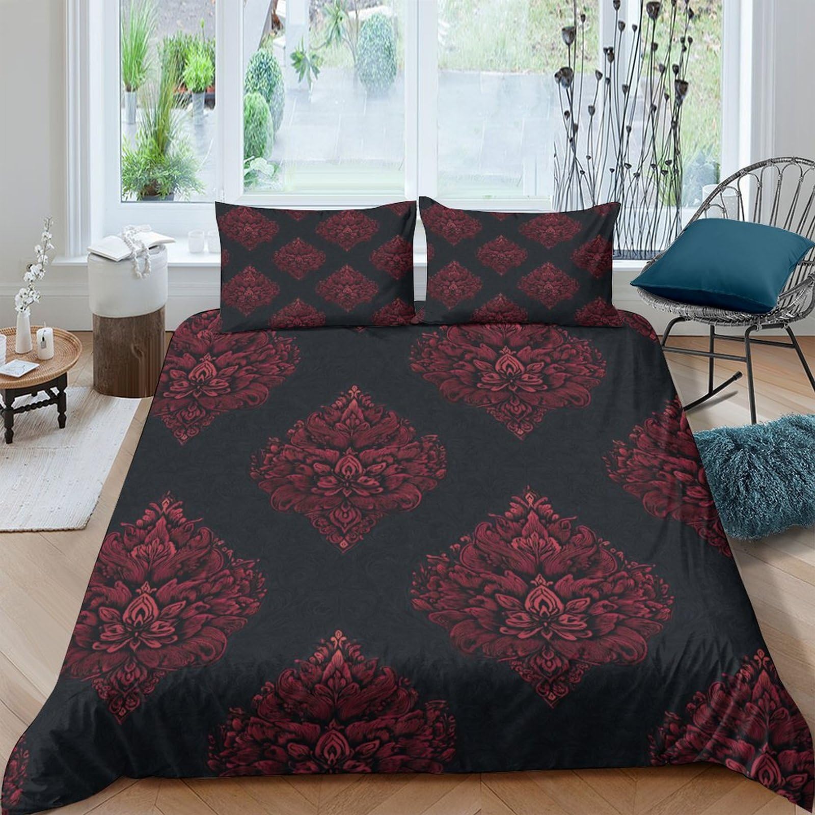 Ctjqhvkz Style-8 3D Printed Baroque Red Black Fitted Sheet Microfiber Soft Damask Bed Cover For Bedroom Guest Room Decor Single（135X200cm）