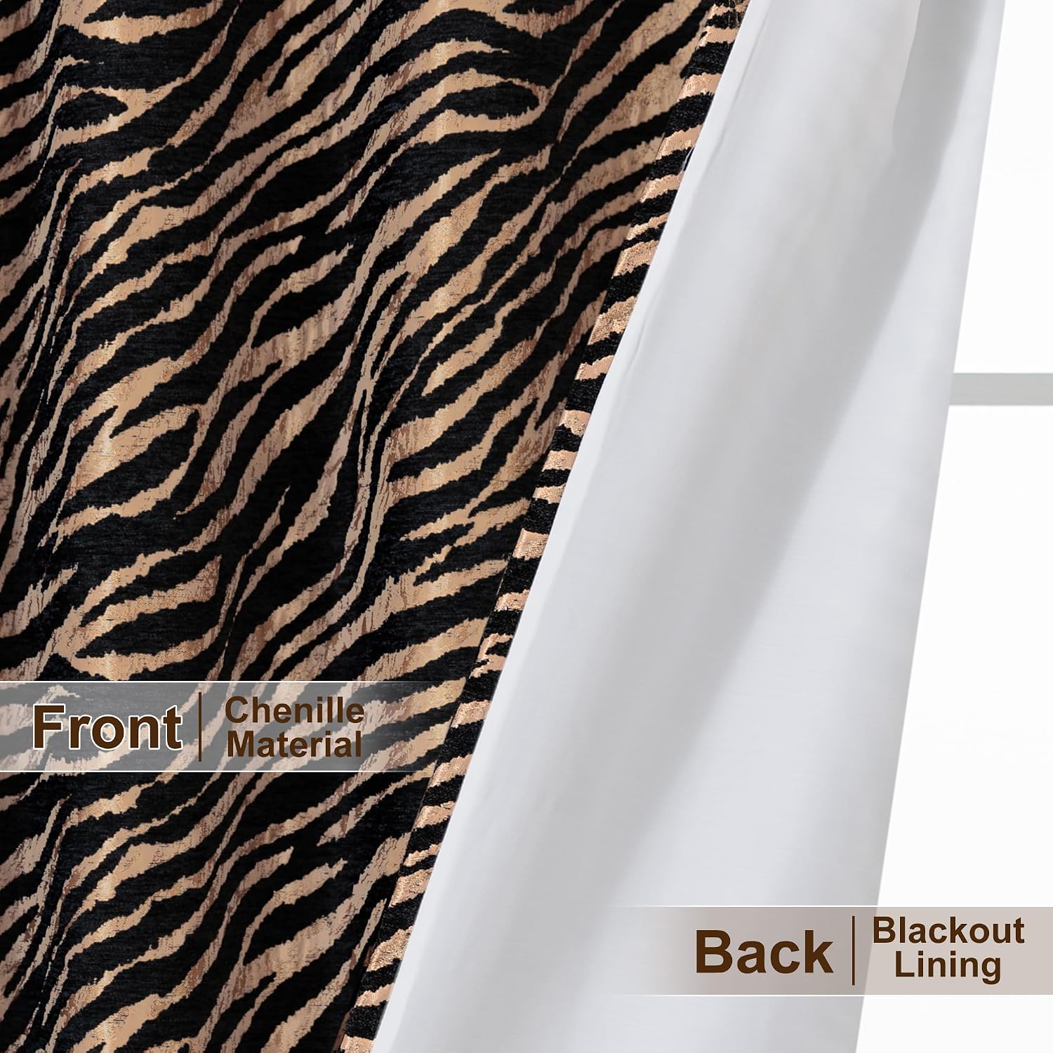 Luxury Tiger Print Curtains for Living Room, Chic Wild Animal Chenille Jacquard Blackout Window Curtains with Tiebacks, Grommet Lined Black Gold Curtain for Bedroom(2 Panels, 52”x 84”)