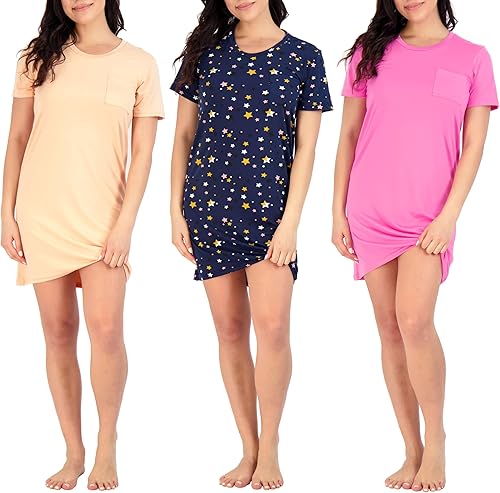 Real Essentials 3 Pack Vestido de camisón de manga corta para mujer Camisa de dormir, pijama, camisa para dormir, ropa de dormir (Disponible en