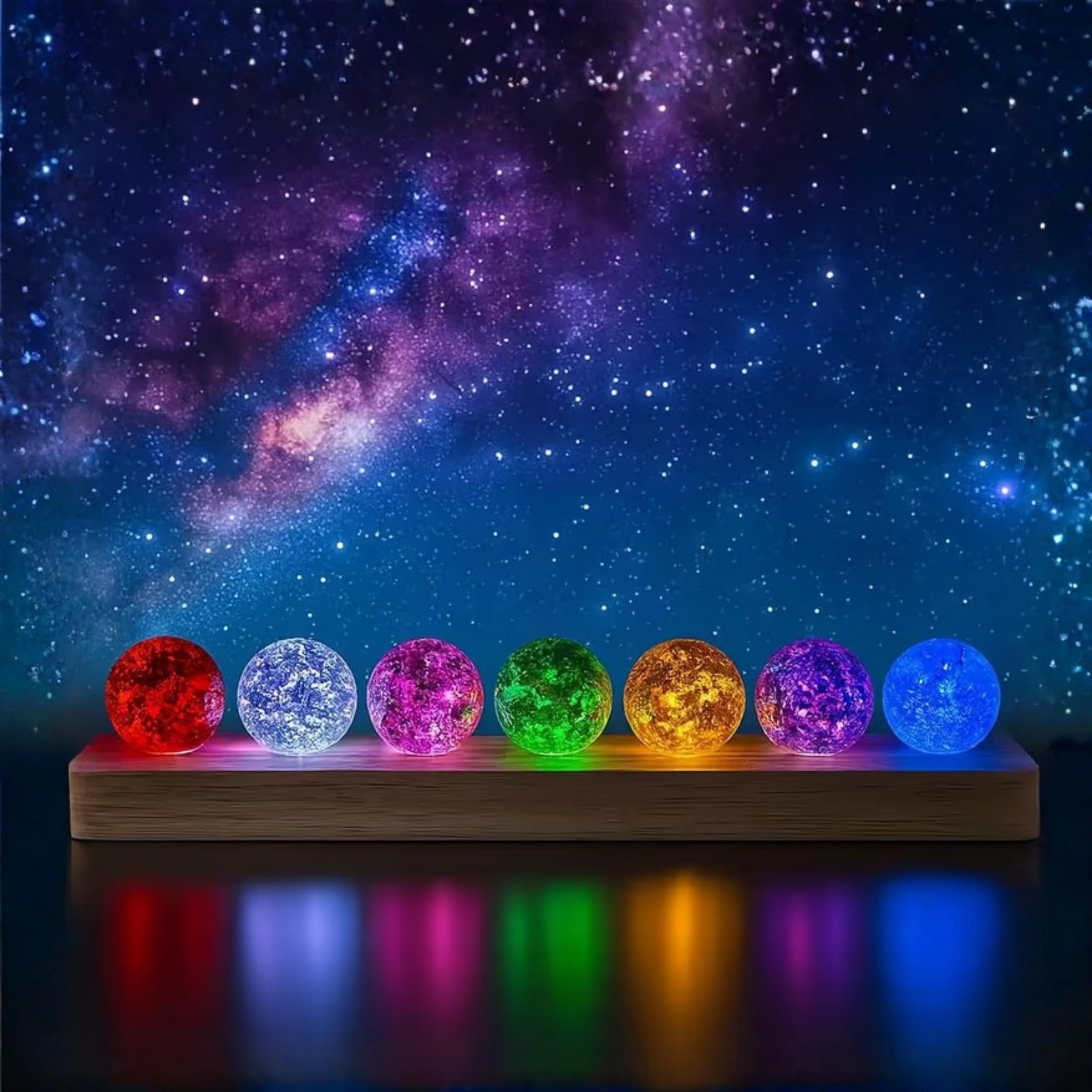 Naromi 7 Chakra Natural Healing Spheres with LED Wooden Stand 40mm Crystal Quartz for Meditation & Healing Feng Shui Positive Energy for Chakra Balancing, Home & Office Desk Decor Gift