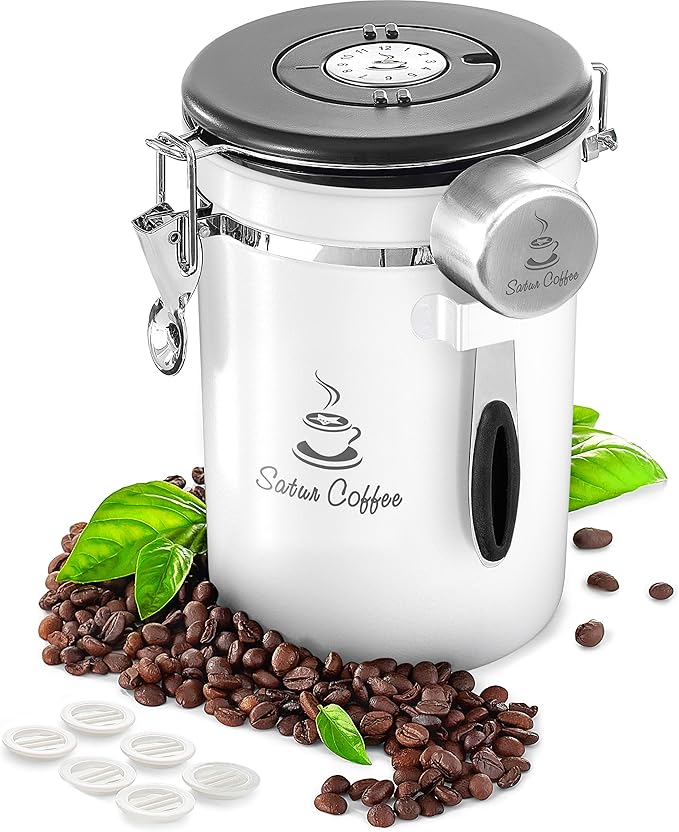 Kaffeedose Luftdicht - Kaffeebohnen Behälter aus Edelstahl mit Datumsanzeige und Portionierer ...