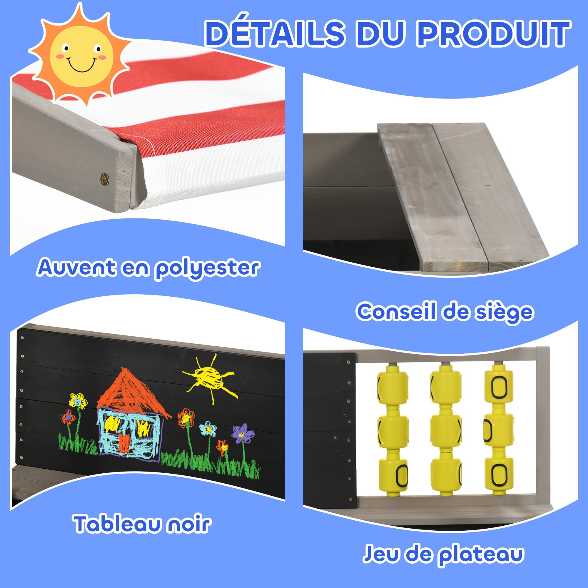 Outsunny Bac à Sable pour Enfants en Bois avec bancs, 114 x 113 x 110 cm | Carré, toit ajustable, tableau et jeux inclus, pour enfants, gris, hauteur 110 cm