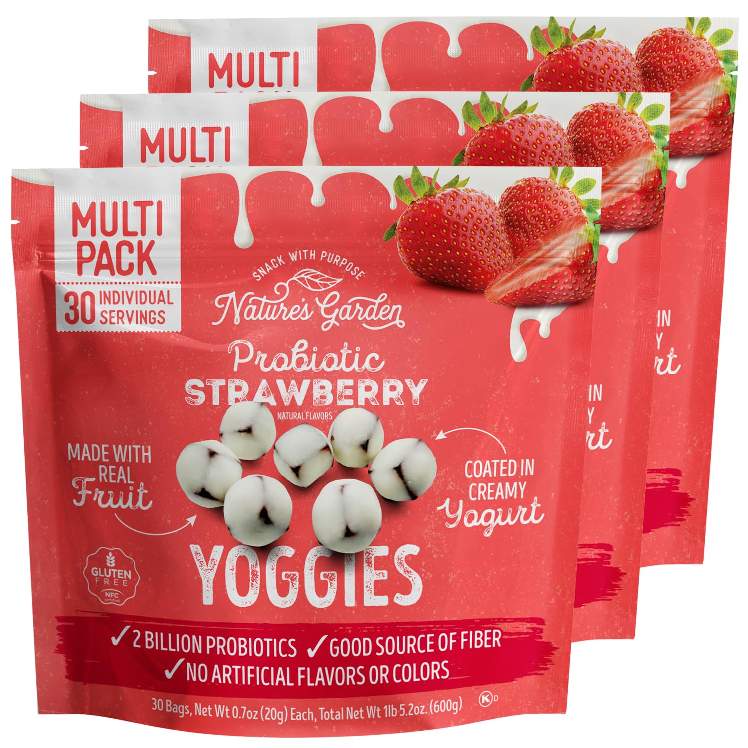 Nature's Garden Probiotic Strawberry Yoggies 21oz (30 x 0.7oz) Pack of 3 - Strawberry Yogurt-Covered Fruit Bites, High Fiber, Real Fruit Pieces, No Artificial Flavors or Colors, On-the-Go Snack for Adults & Kids