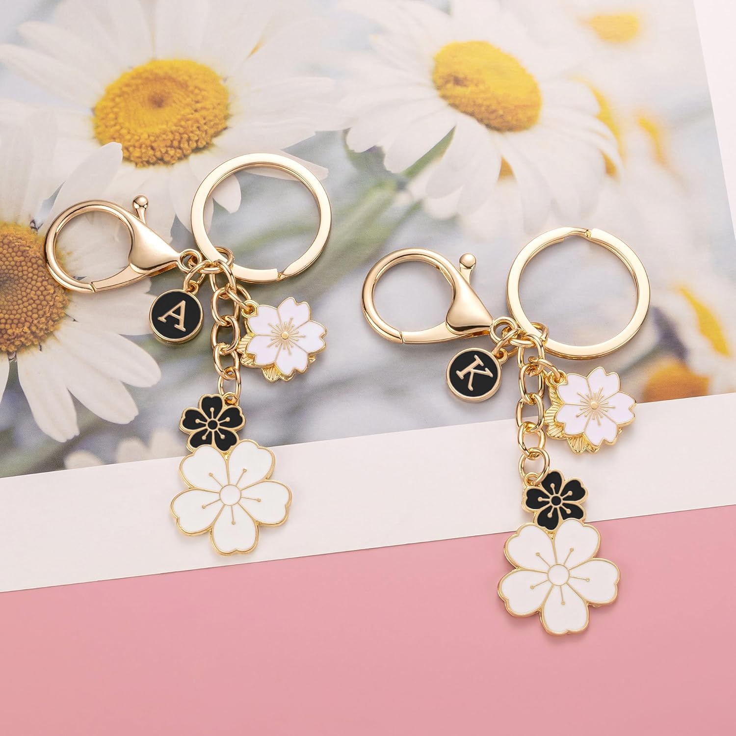 SELOVO Initial Keychain Flower Charms for Key Cute Pink Letter Keyring for Backpack - Image 2