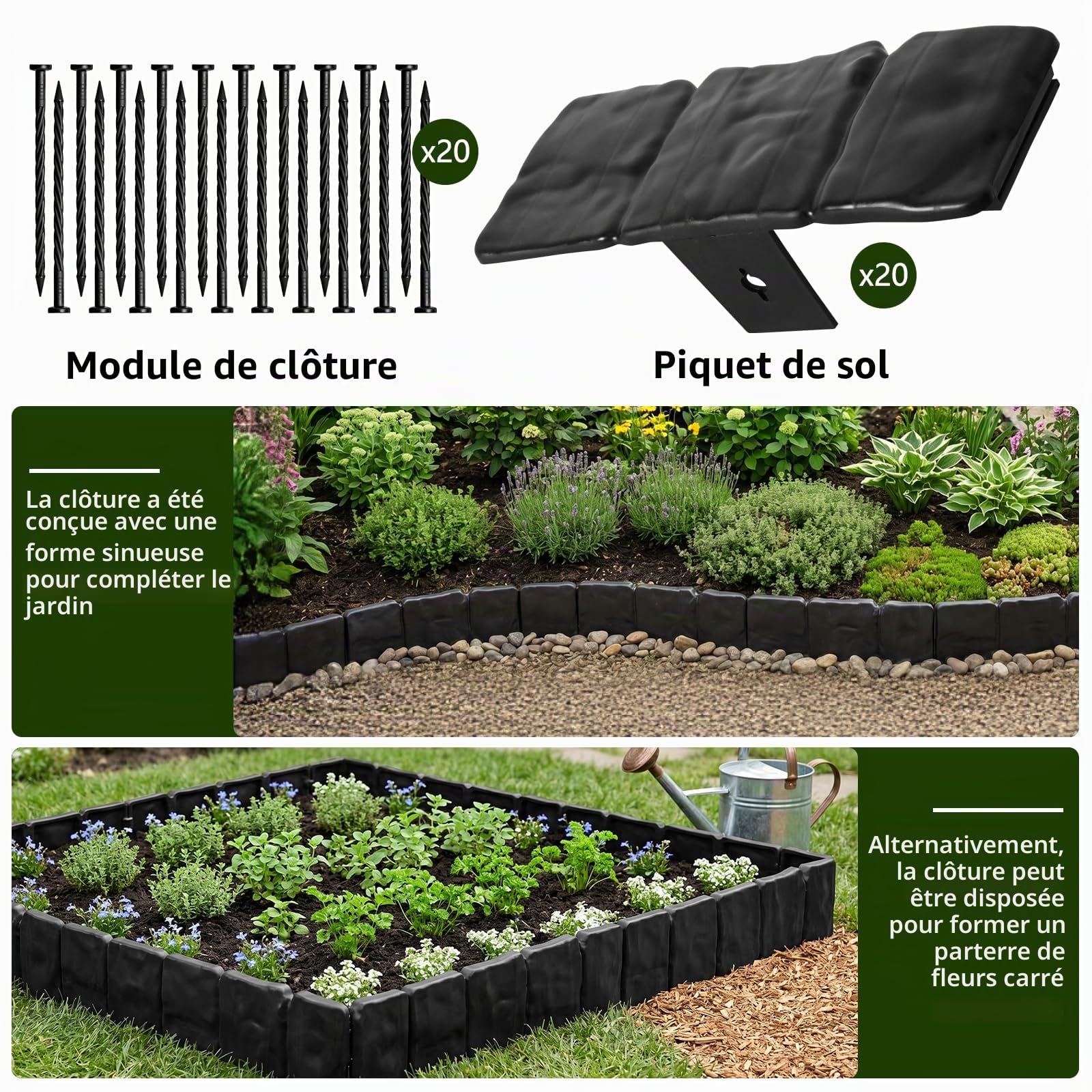 Bordure Jardin Exterieur, Bordures de Jardin Flexible Plastique, Décorative Facile à Installer pour Allée Pelouse Parterre Lot de 20pcs Gris, Épaissi Bordure de Pelouse, Pierre D'imitation-5 m