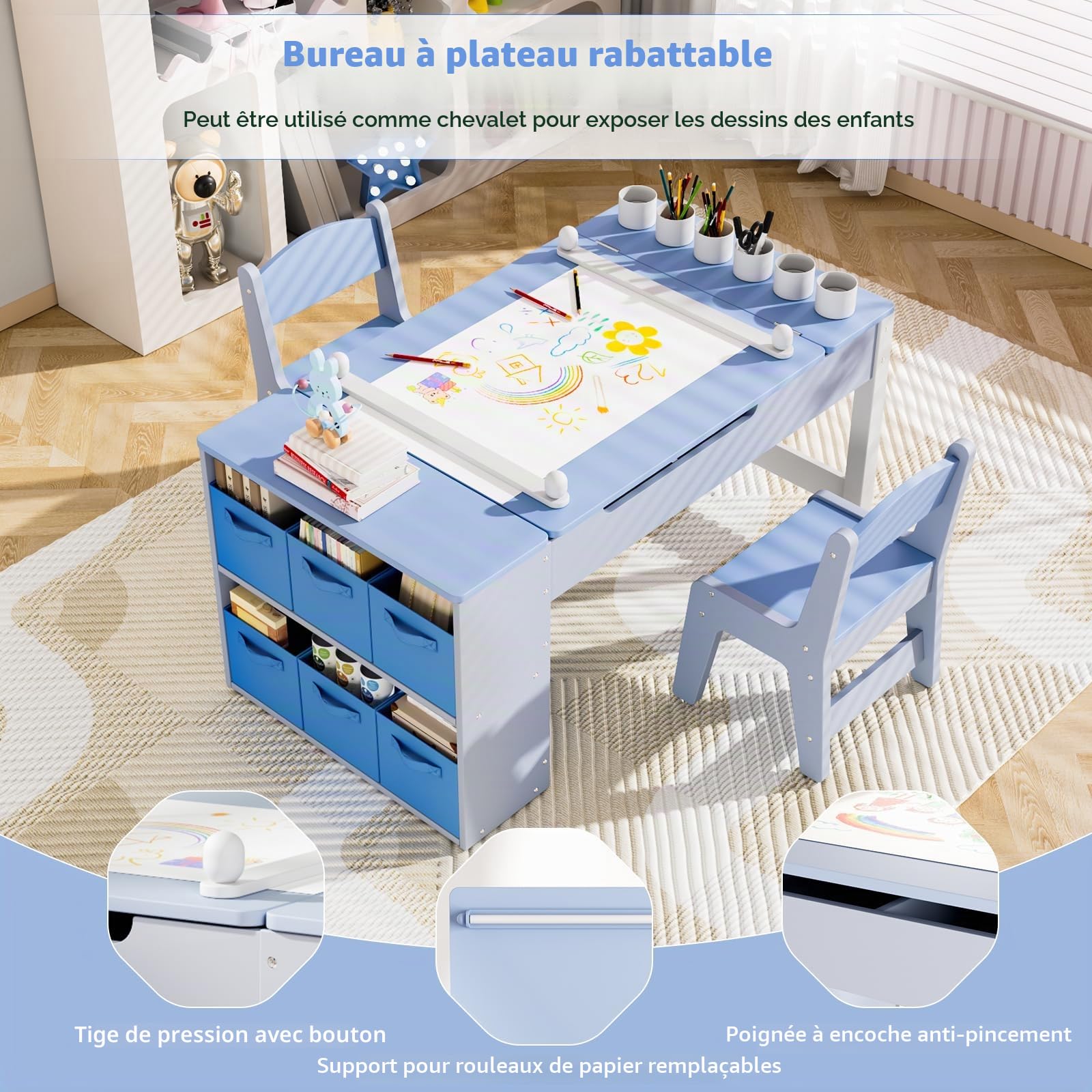 MAMIZO Table pour Enfant avec 2 Chaises, Bureau Enfant en Bois avec Rangement, Bureau avec Rangement pour Fille Garcon 3+ Ans, Table a Dessin avec Rouleau de Papier pour Jouer Dessiner (Bleu)