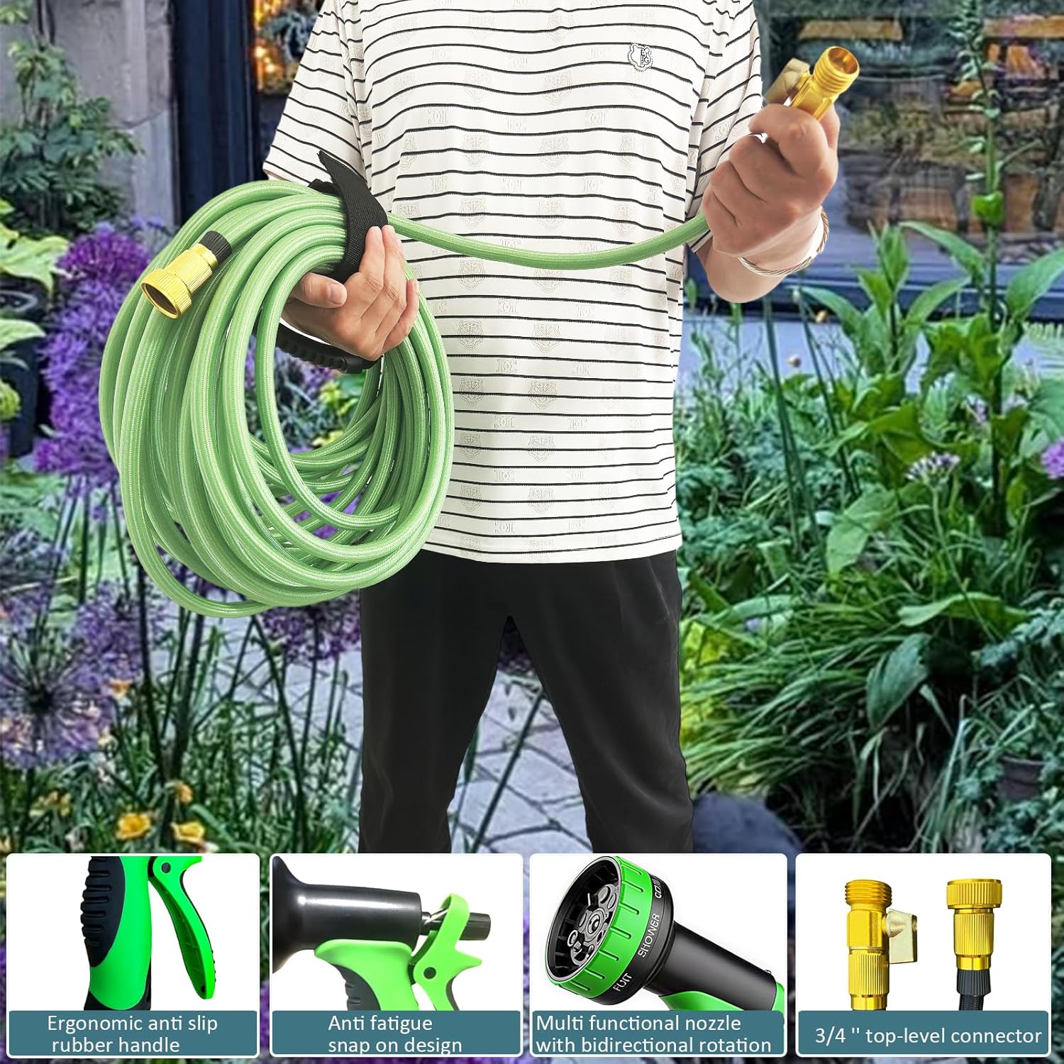 50FT Garden Hose - 10 Function Nozzle, Solid Brass Connector, High Pressure No-Kink for Car Wash & Yard