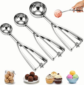 Ice Cream Scoop Set of 3, Stainless Steel Cookie Scooper for Baking, Cookie Dough Scoop with Trigger Release L/M/S Melon Baller Scoop, Meatball Scoop Muffin Scoop for Cupcake Kitchen, Silver 3PCS