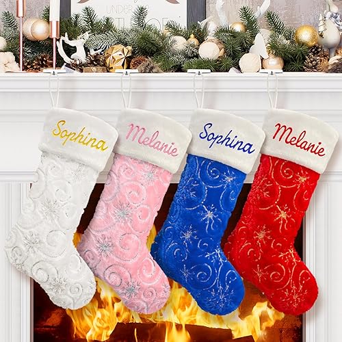 Miniatura 28 de 2 Pack Snowy White Christmas Stockings with Faux Fur, Plush 22 inches Xmas Stocking with Gold Embroidered Snowflake Hanging Ornaments for Home Xmas