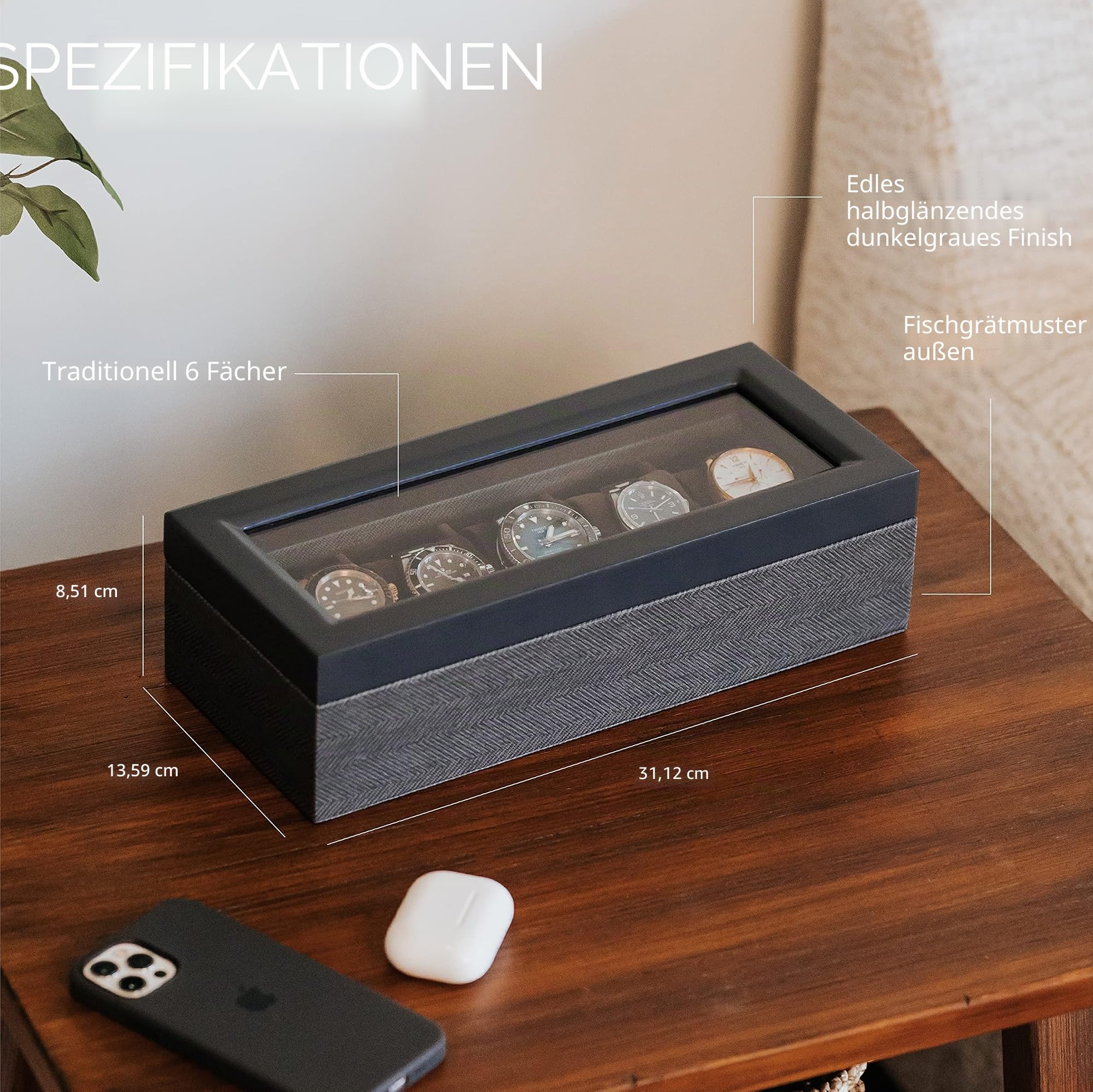 CASE ELEGANCE Uhrenbox, zweifarbig, Fischgrätenmuster, Uhrenbox für Damen/Herren, Aufbewahrungsbox für 5 Uhren, Organizer mit Glasdeckel