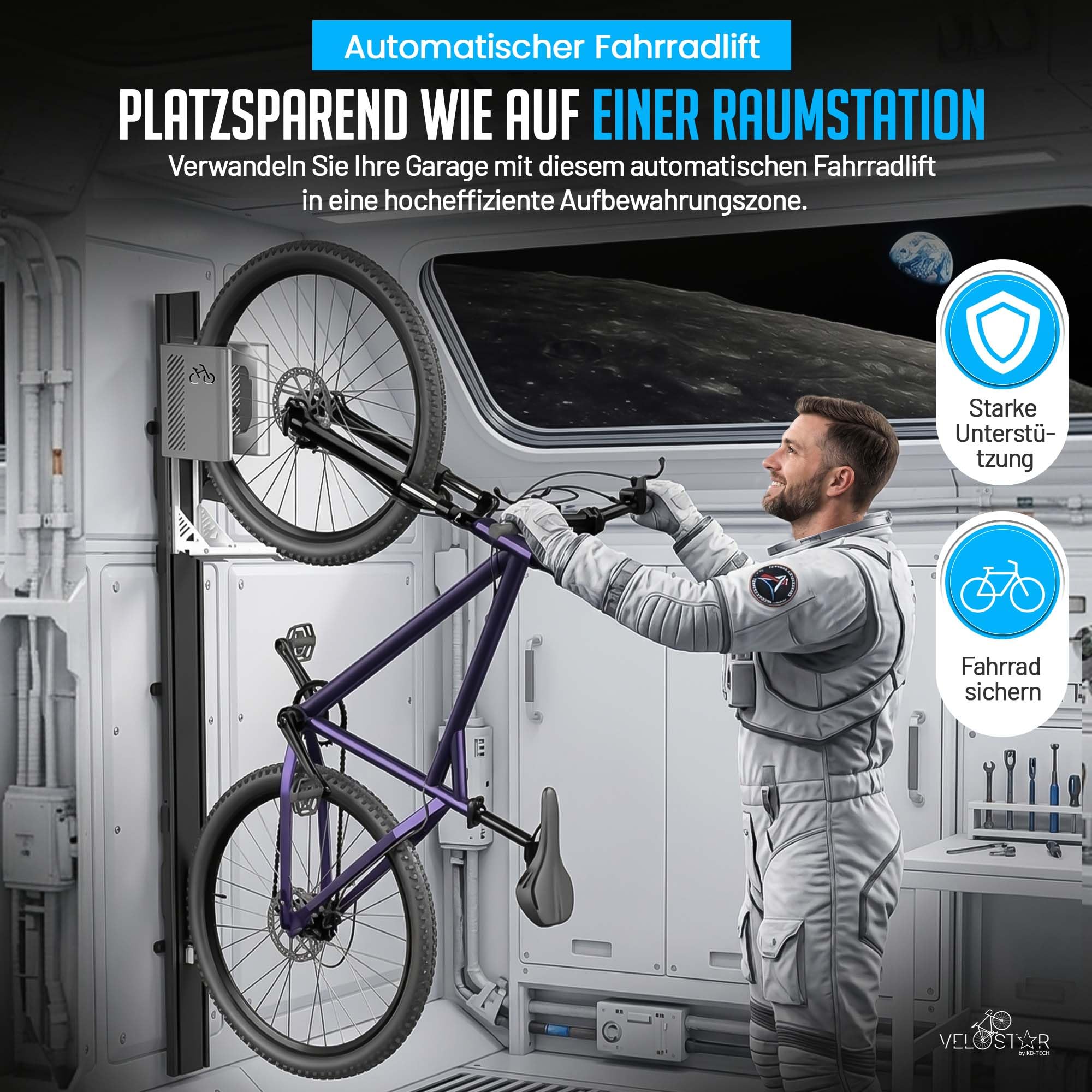 Fahrradlift für Garage von Velostar by 32 kg Fahrradwandhalterung Fahrrad Lift mit Sicherheitsbremse & Arretierung Fahrradhalter platzsparend für E-Bike geeignet inkl. Fischer Dübel