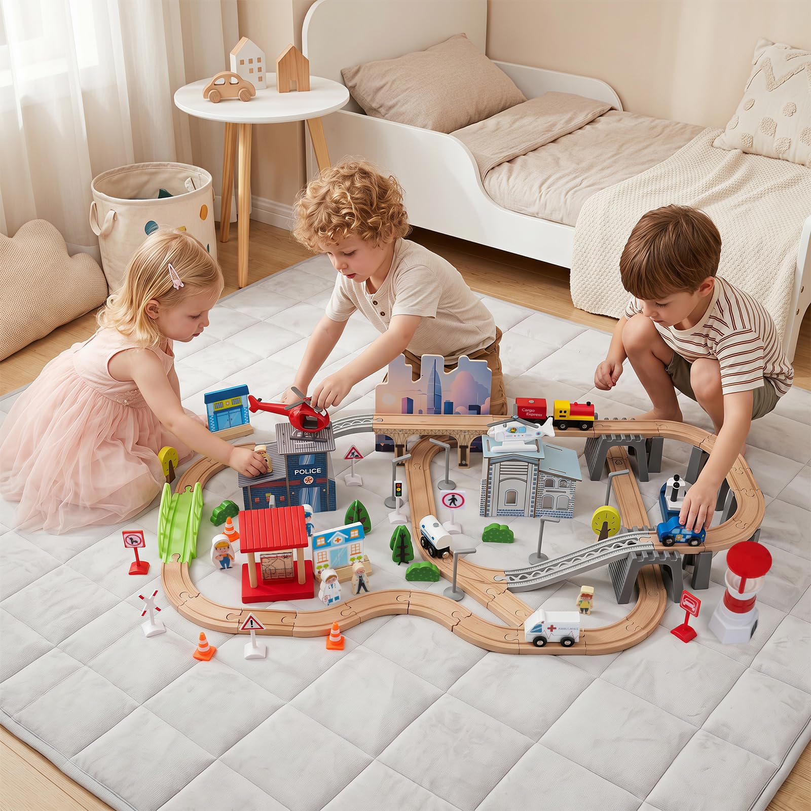 COSTWAY Tavolo Attività per Bambini 3+ Anni, con 110 pz Giocattoli Trenino | Tavolino Creativo con Cassetto e Piano Reversibile e Rimovibile, con Binari, Sistema di Traffico e Mappa, per Gioco e Studio