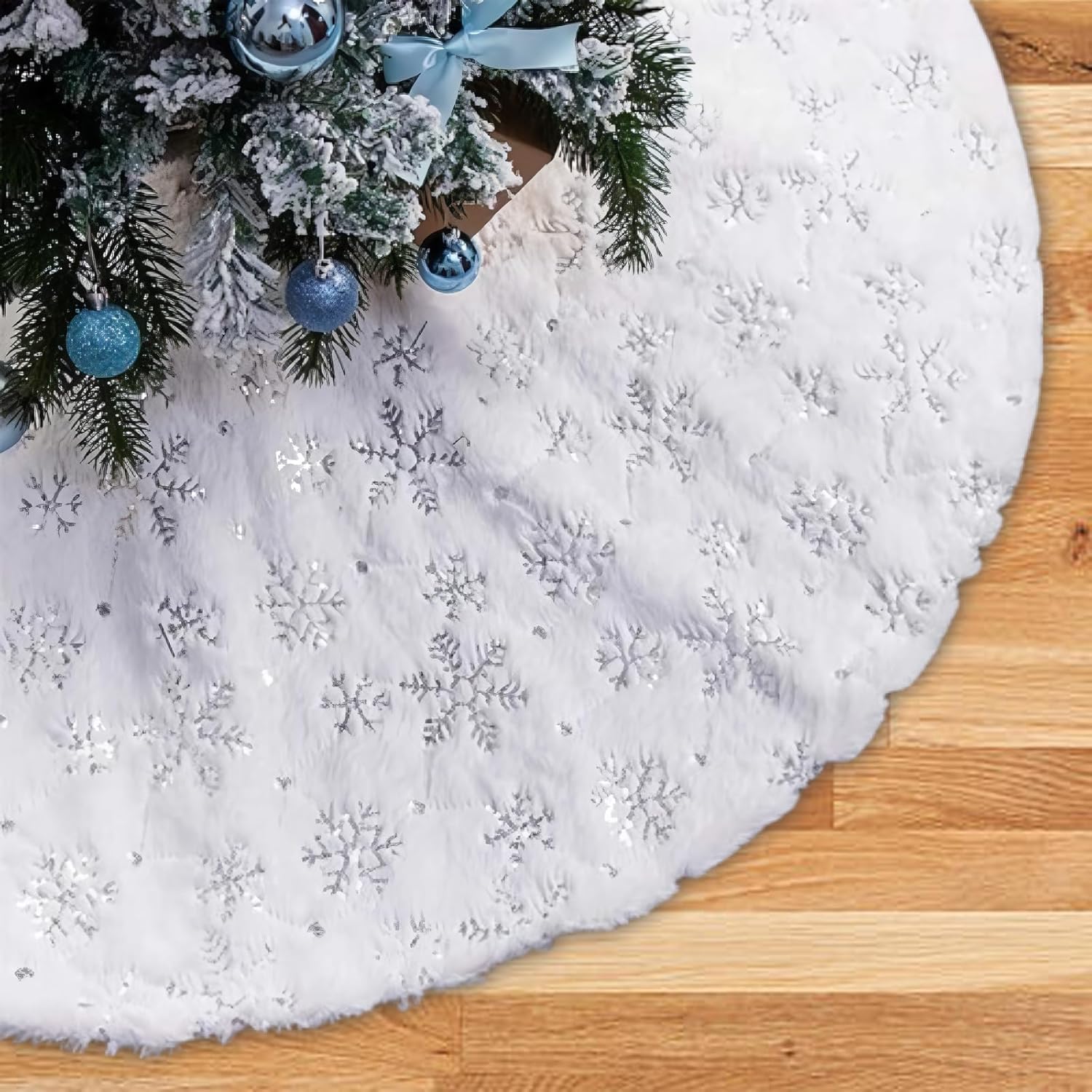 Patina Jupe de sapin de Noël en peluche blanche à paillettes argentées