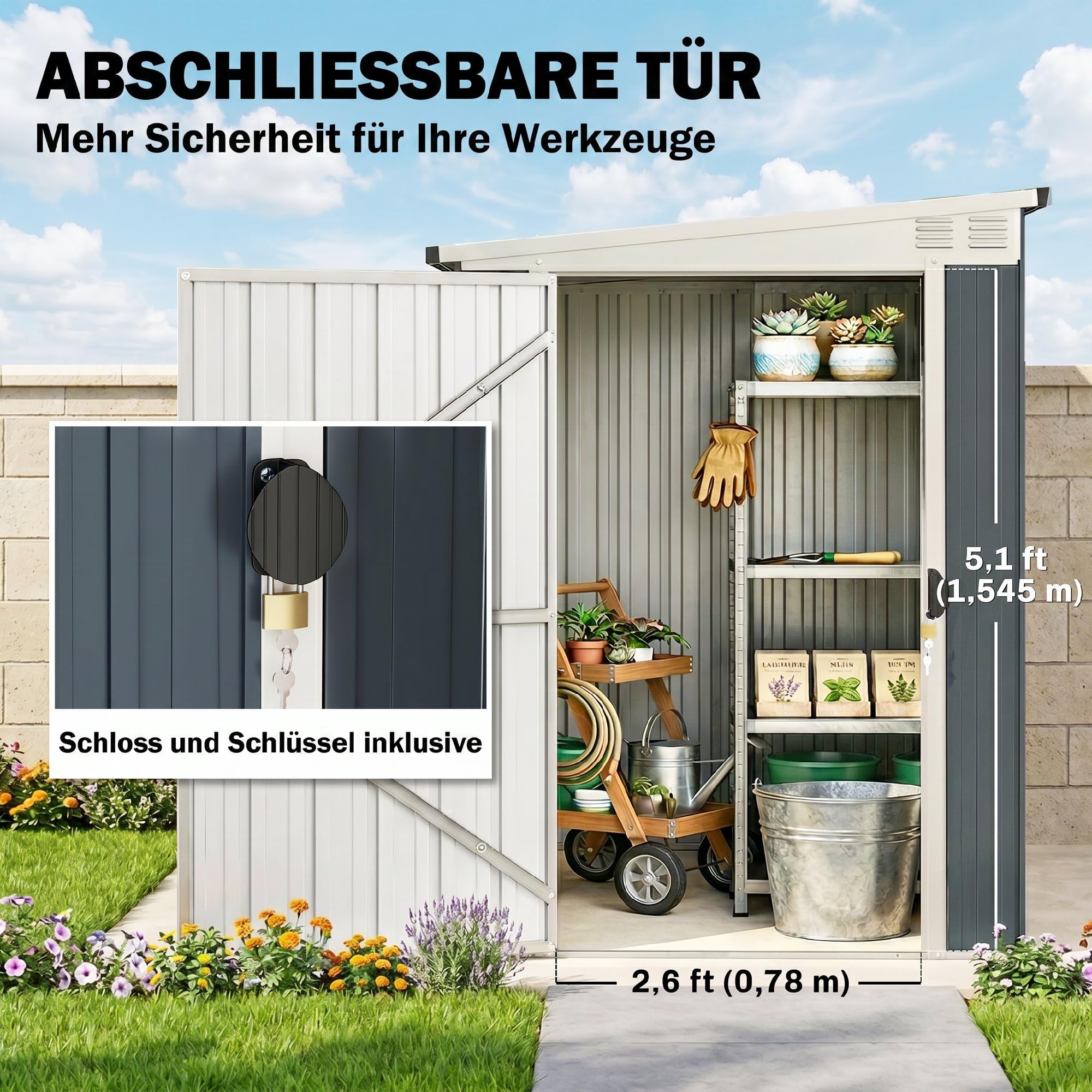 Outsunny Metall Gerätehaus 2,7m² 128x231x181cm Geräteschuppen mit Pultdach wetterfest Dunkelgrau