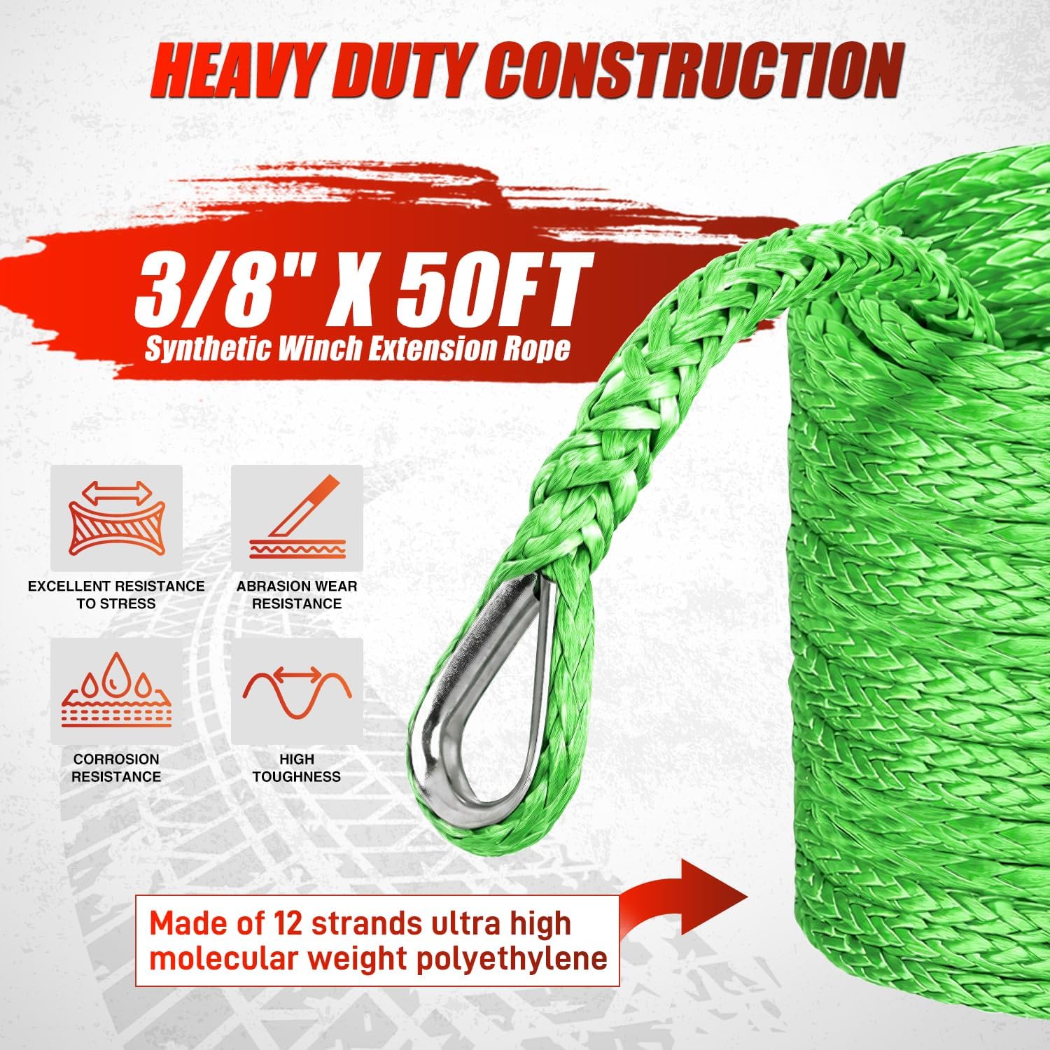 Nilight Synthetic Winch Rope Extension 3/8 Inch x 50 ft, Green
