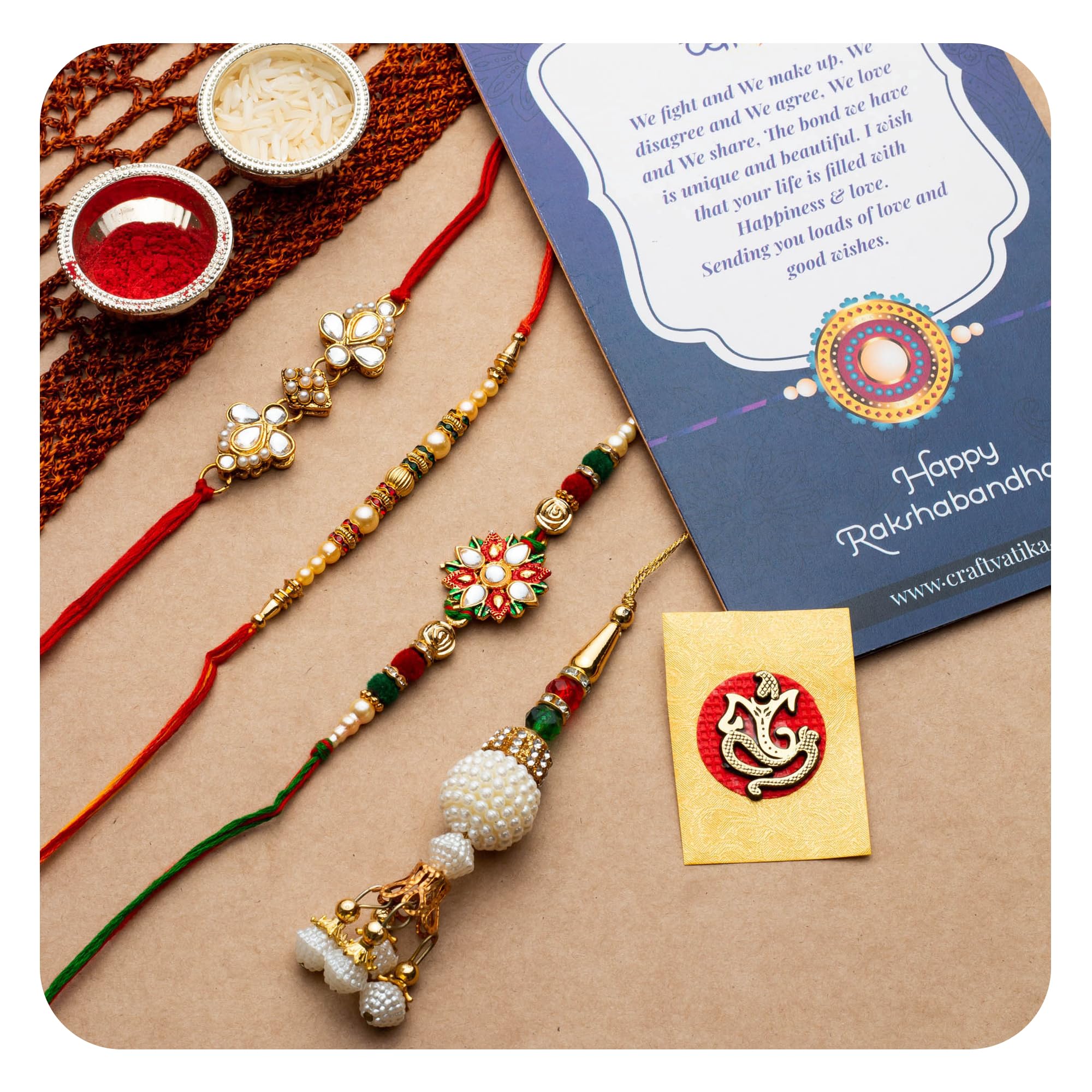 craftvatika Combo Of 4 Kundan Rakhi For Brother, Bhaiya, kids and Bhabhi, Rakshabandhan Gift Card/Bhabhi Lumba Rakhi/Kundan Rakhi Gifts (RAKHI231)-picture-20