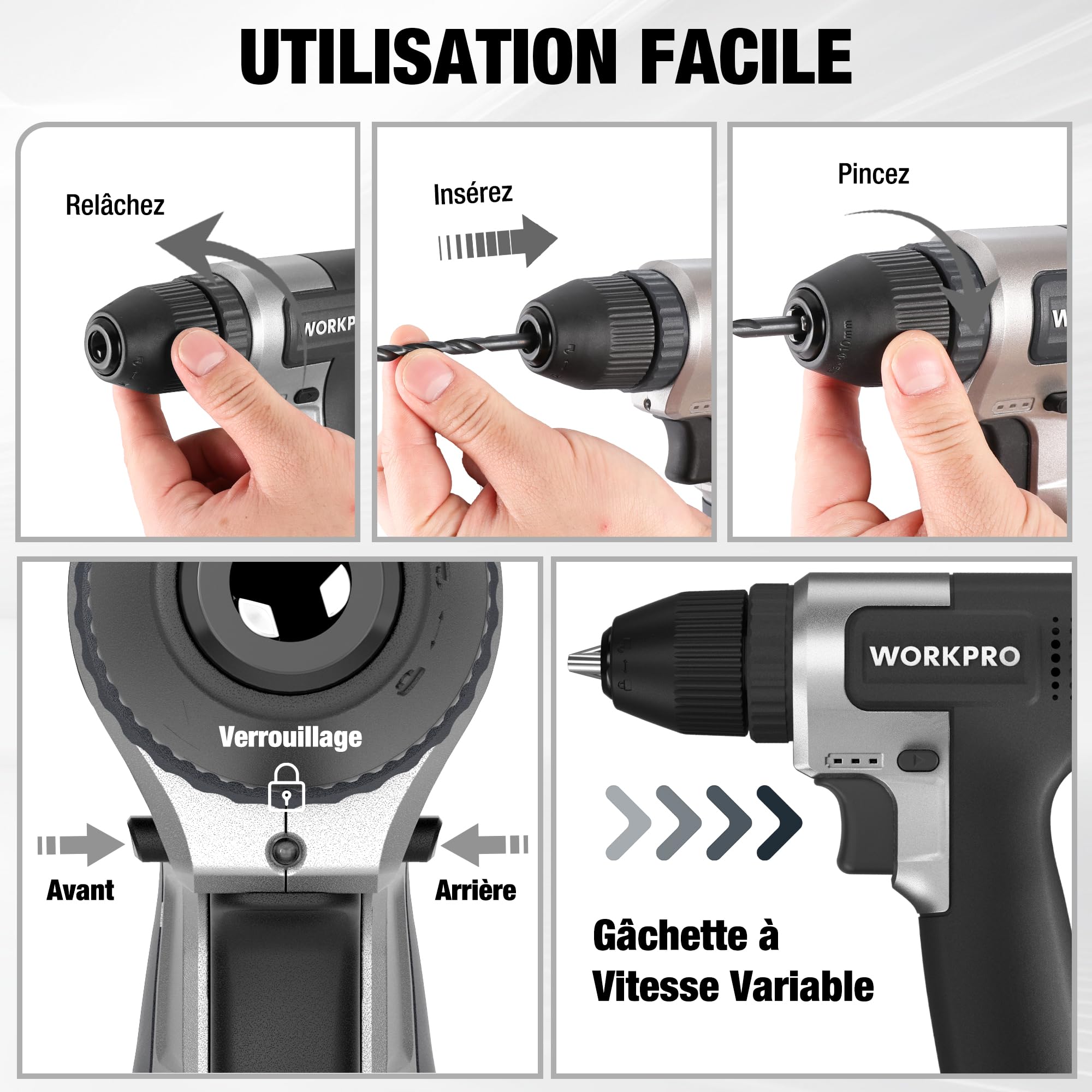 WORKPRO Kit de Perceuses Visseuse Sans Fil 8V Noir, Visseuse Devisseuse Sans Fil 2000mAh, Couple 12Nm, Mandrin de Perçage 10mm, LED Lumière, Kit d'Accessoires Complet, pour Réparation Maison DIY