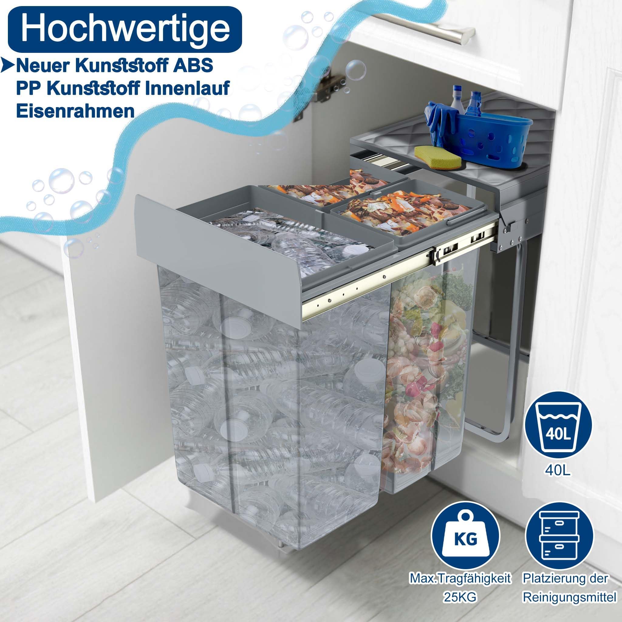 YUENFONG Einbaumülleimer 3 Fächer 2x10+20 Liter, Unterschrank Abfallsammler Mülleimer mit Teleskopschienen Ausziehbarer Mülltrennsystem Abfalleimer, 48 x 34,2 x 41,8cm