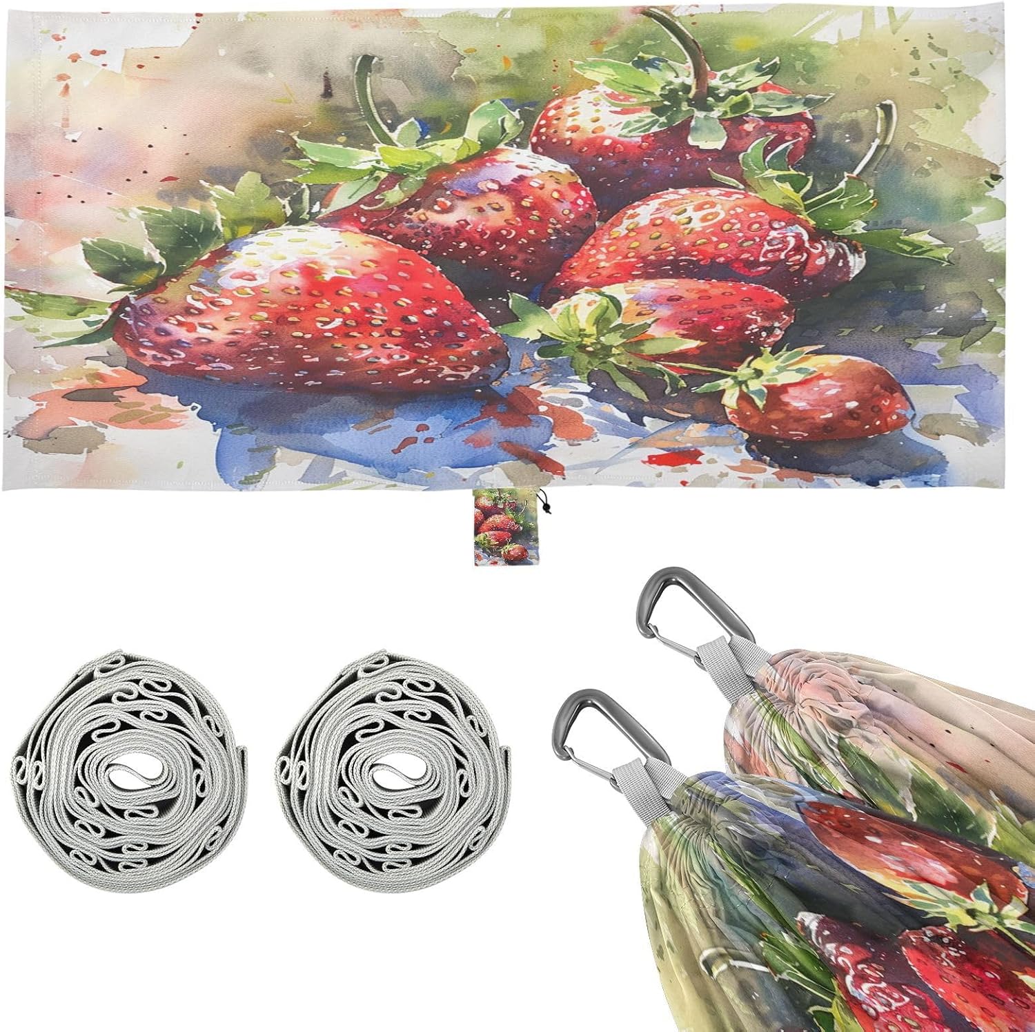 ALAZA Strawberry Watercolour Camping Hammocks Single or 2 Person 500 lbs Portable Parachute Travel Hammock w/Tree Straps for Hiking Backpacking Indoor Outdoor