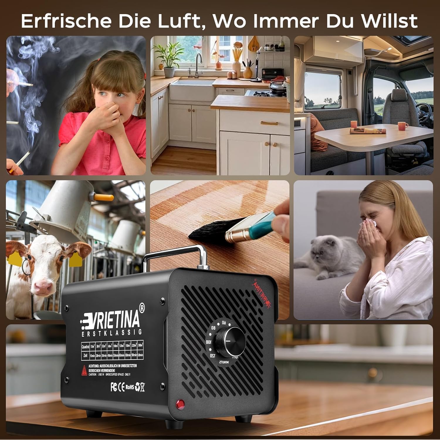 O3 Ozongenerator 100000mg/h, 120Min Timer, f. Auto Wohnung Haustier Küchen | bis 300㎡, 35dB, Industrieller Ozongerät Ozonisator Ozon Luftreiniger Geruchskiller Geruchsneutralisierer