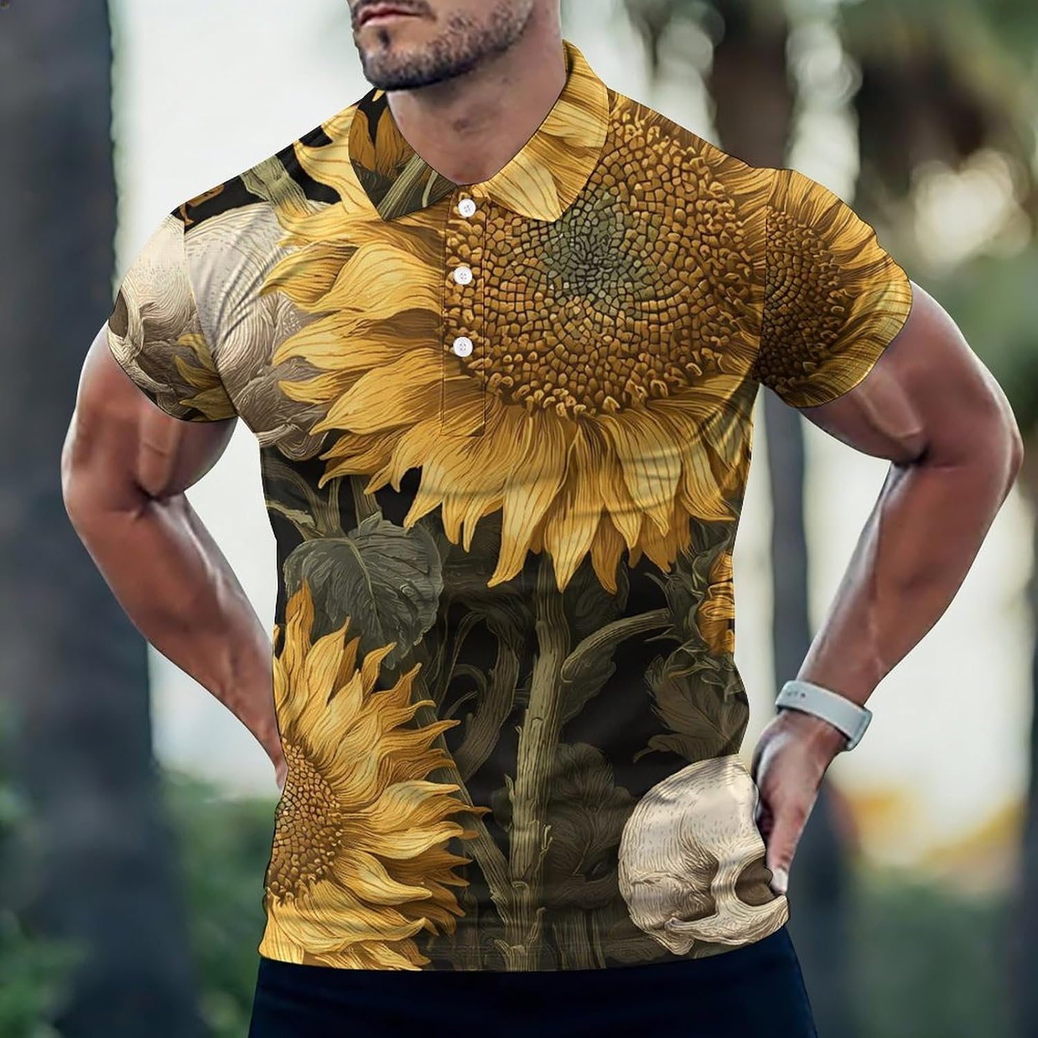 Sunflowers with Skulls Men's Polo Golf Shirts Collared T-Shirt | short sleeve,three button,quick dry,machine washable,summer tee top