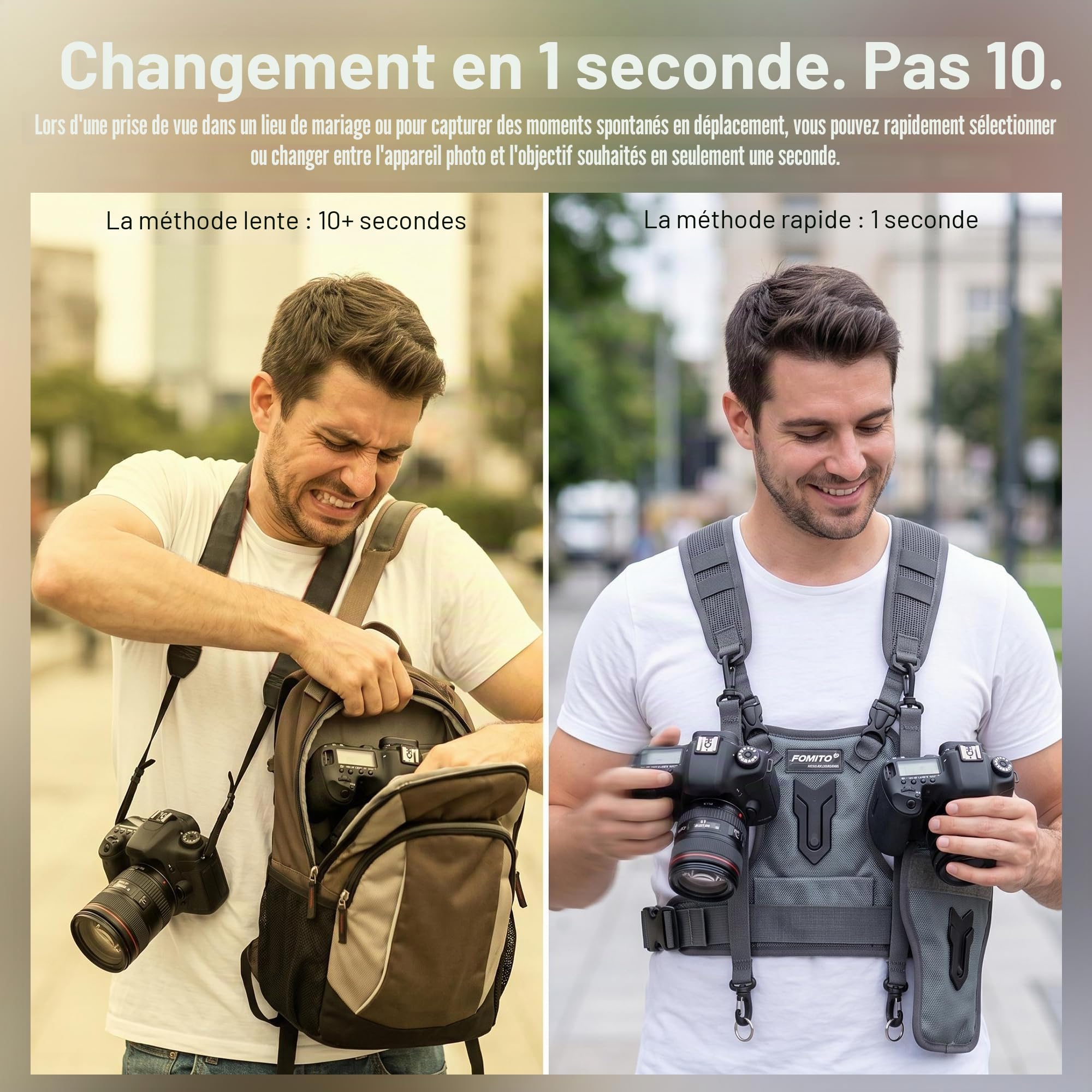 FOMITO Camera Chest Harness System Gilet de transport multi-appareil photo avec étui latéral Gris Compatible avec Canon Nikon Sony Panasonic Olympus DSLR