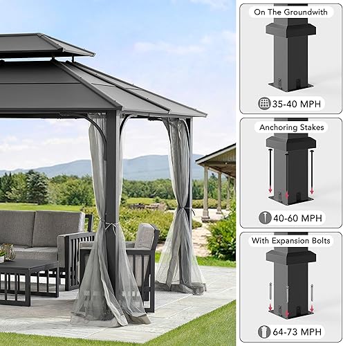 Miniatura 6 de SUNJOY Gazebo de techo rígido de 10 x 12 pies, con marco de acero resistente para exteriores, pabellón de doble techo con gancho de techo y paredes