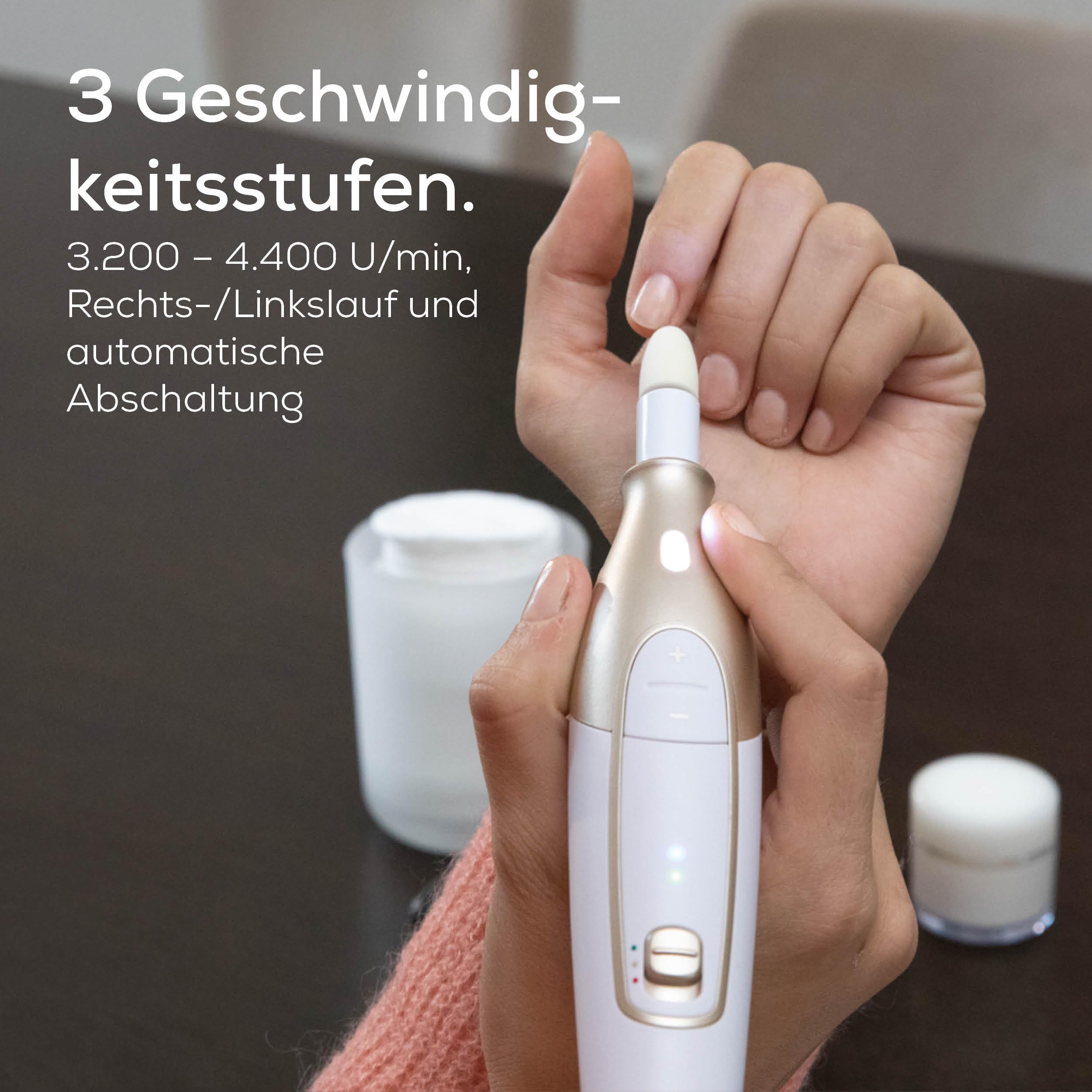Beurer MP 64 Maniküre/Pediküreset, elektrisches Nagelpflegeset mit Akku, 10 Aufsätze zur Nagelpflege für schöne Hände und Füße, mit LED Licht, Einheitsgröße, White and gold - 5