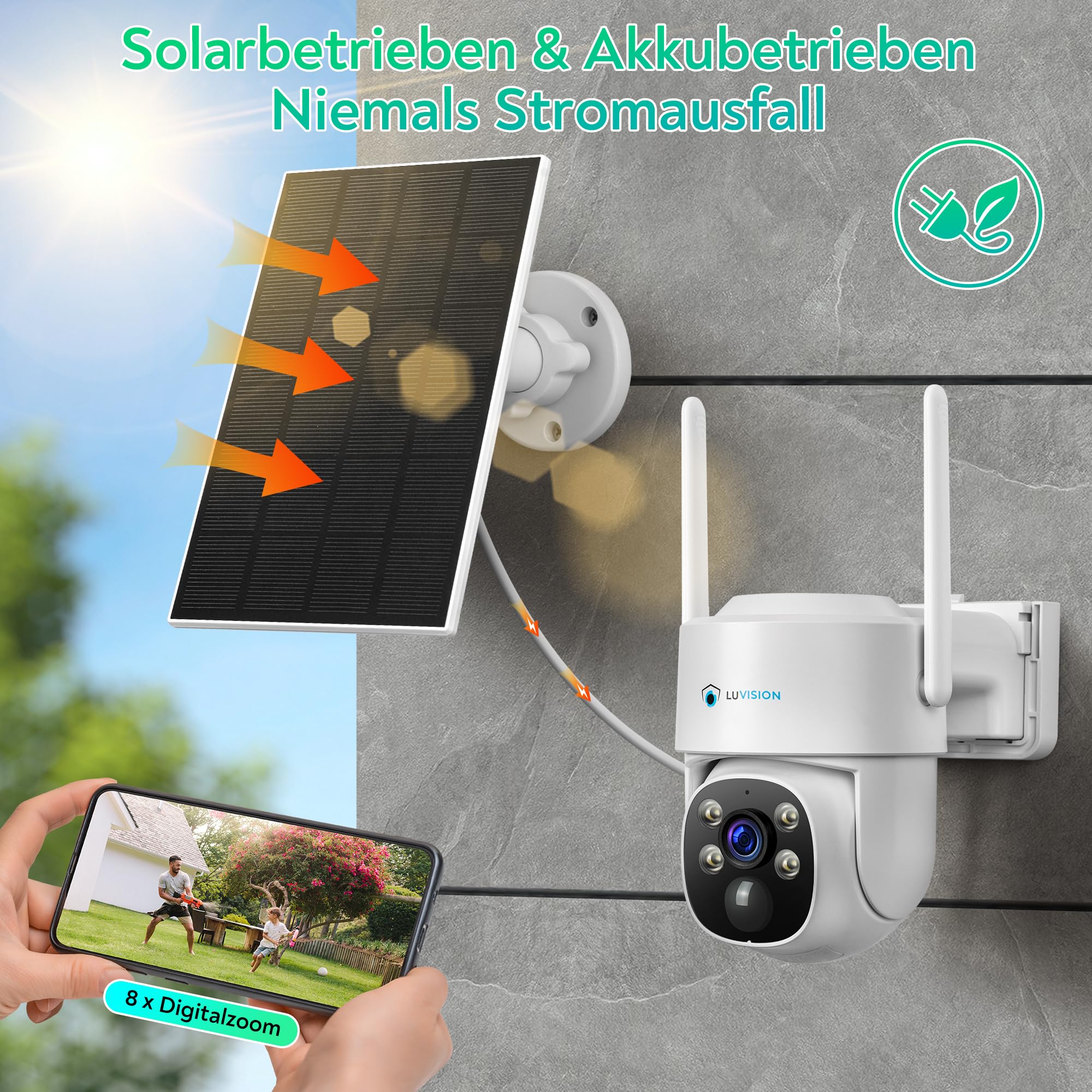 Dual WLAN PTZ Überwachungssystem mit LED Monitor 4MP Solar PTZ Überwachungskamera Mikrofon, Sirene, Smarte Nachtsicht (Erweiterungskamera)