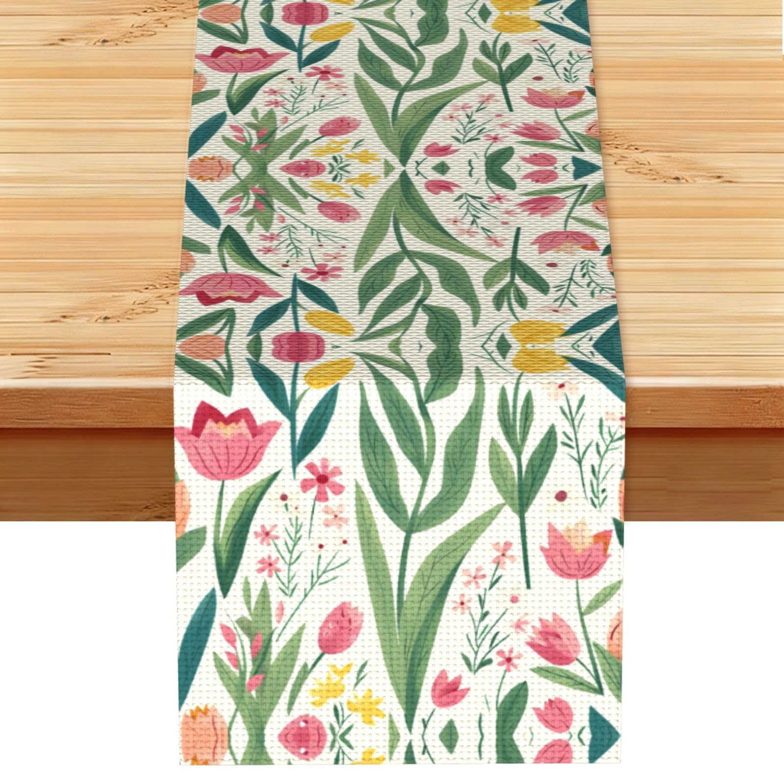 Bright Pink Green Tulip Printed Table Runner 13 x 72, Wrinkle Resistant Decor for Dining Table Coffee Table Fireplace