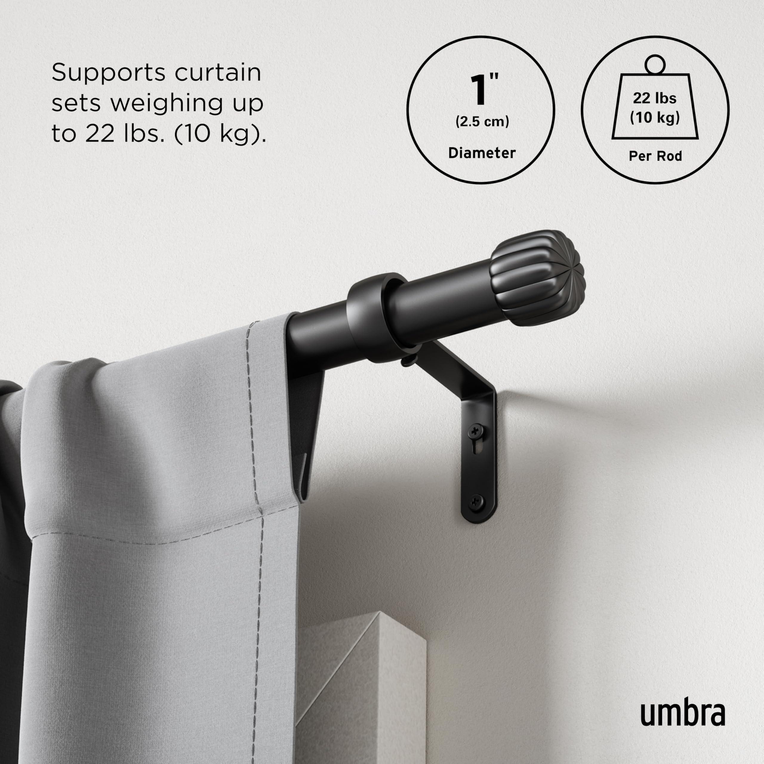 Umbra Cleo Curtain 1" Rod for Window Drapery Adjustable Length 36" to 66", Set Includes Finials and Mounting Hardware, Matt Black - Image 4