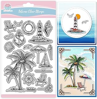 GLOBLELAND Summer Beach Coconut Trees Clear Stamps for Scrapbooking Lighthouse Shell Silicone Stamps Lounge Chair Transparent Stamp for Card Making DIY Embossing Journaling