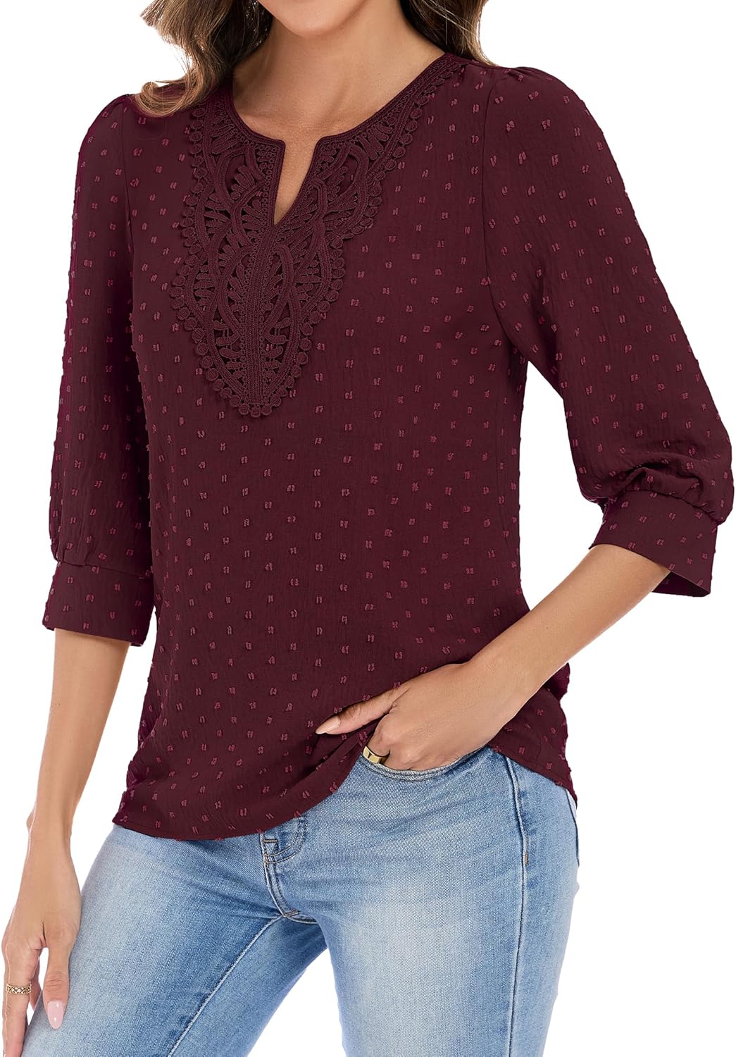 Funlingo Boho Tops for Women 3/4 Sleeve V Neck Blouses Dressy Casual Swiss Dot Lace Shirts Trendy Vacation Clothes