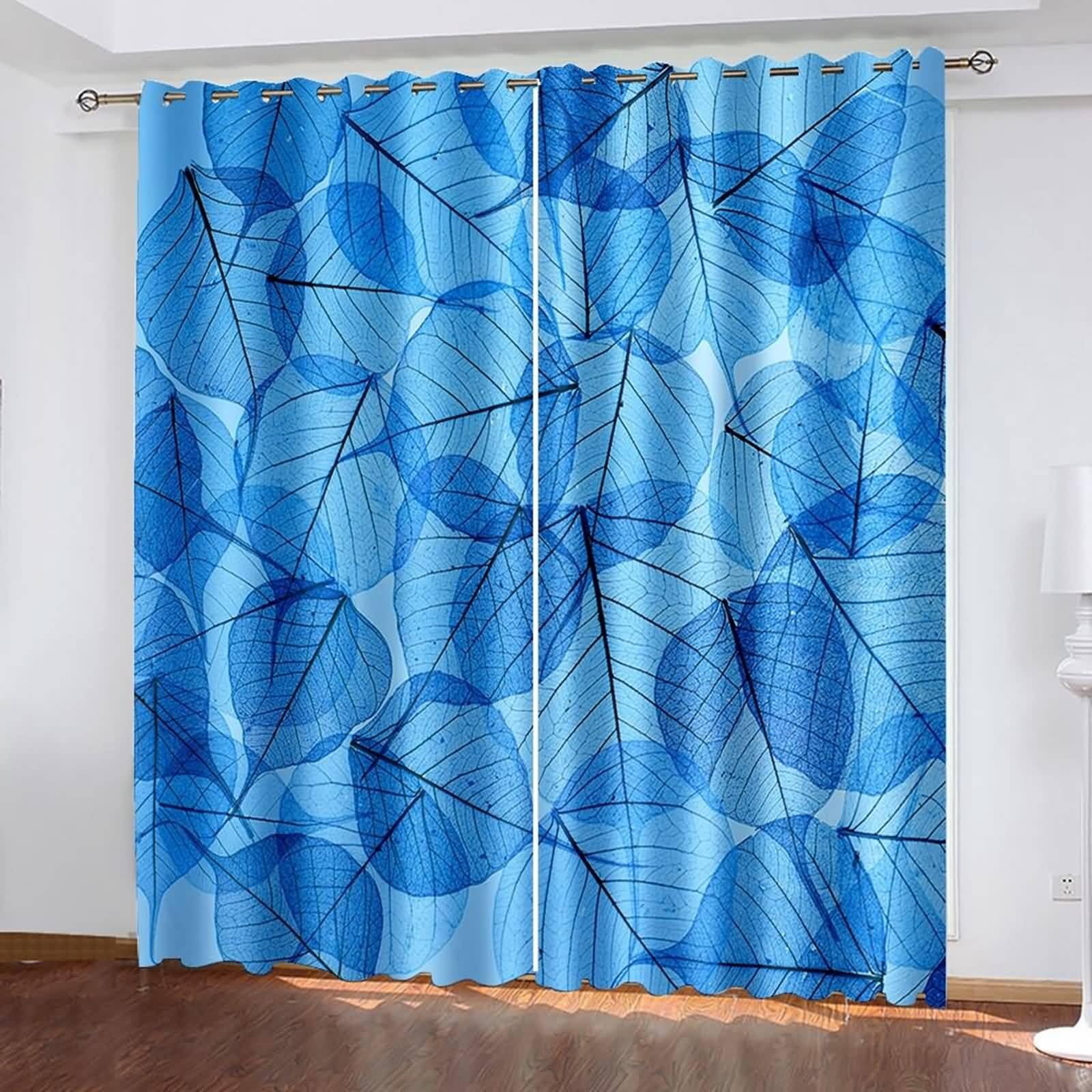 Blickdichter Vorhang mit Ösen, 86x183cm Blau Schwarz Blaue Blätter Verdunklungsvorhänge mit Ösen