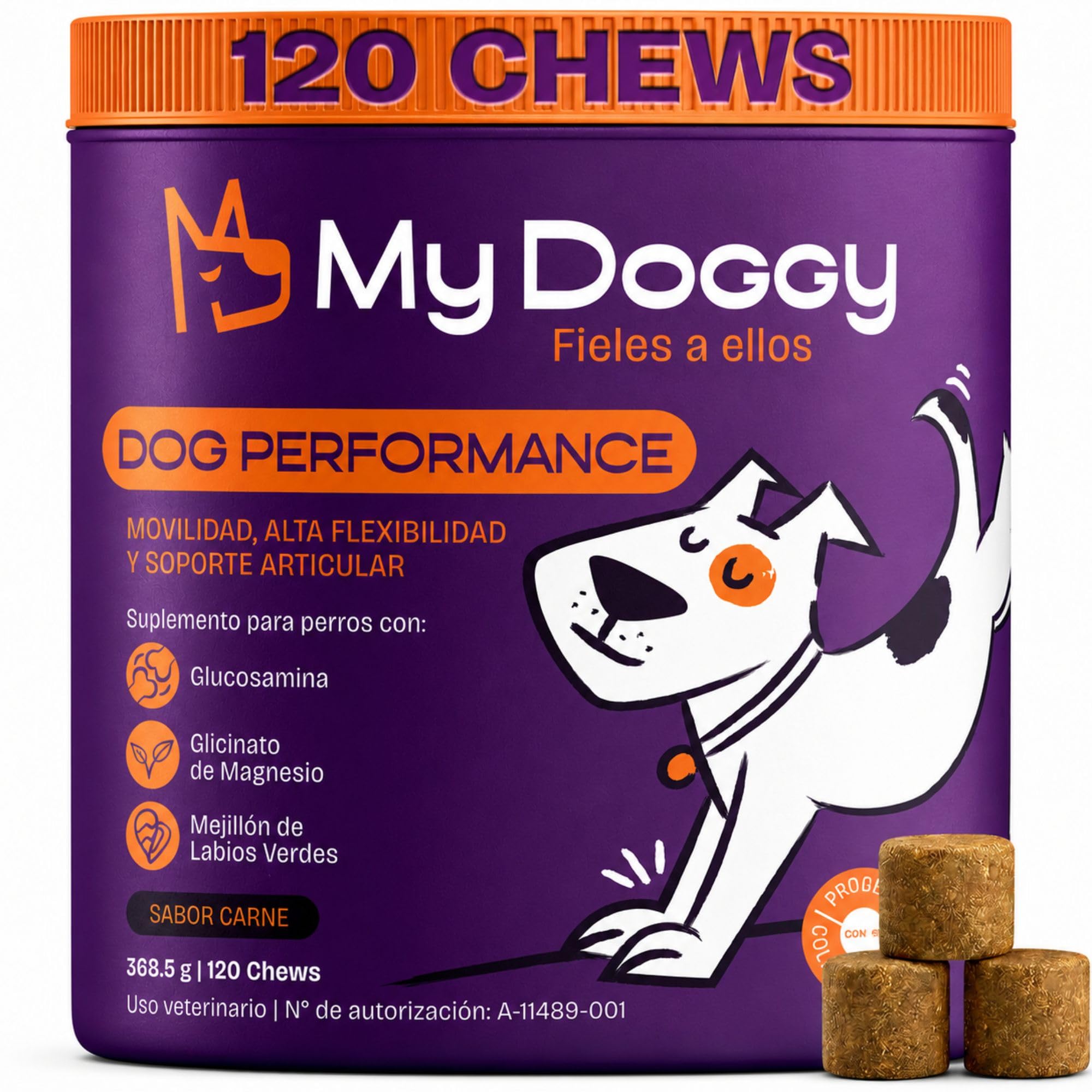 Dog Performance Suplemento Condroprotector para Perros con Glucosamina Condroitina MSM Alivio del Dolor y Movilidad en Cadera Articulaciones Perros Senior Adultos y Activos 120 Masticables Sabor Carne