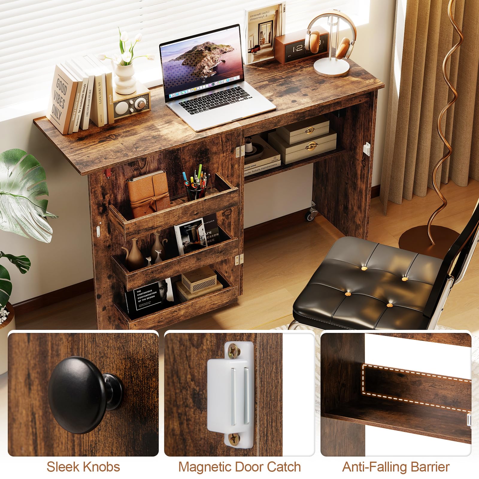 FANTASK 2 in 1 Zusammenklappbarer Nähtisch, Nähmaschinenschrank mit Ladestation, Regalen und abschließbaren Rädern, Nähtisch aus Holz, Mehrzweck-Bastelstation für Wohnzimmer, Schlafzimmer (Braun)
