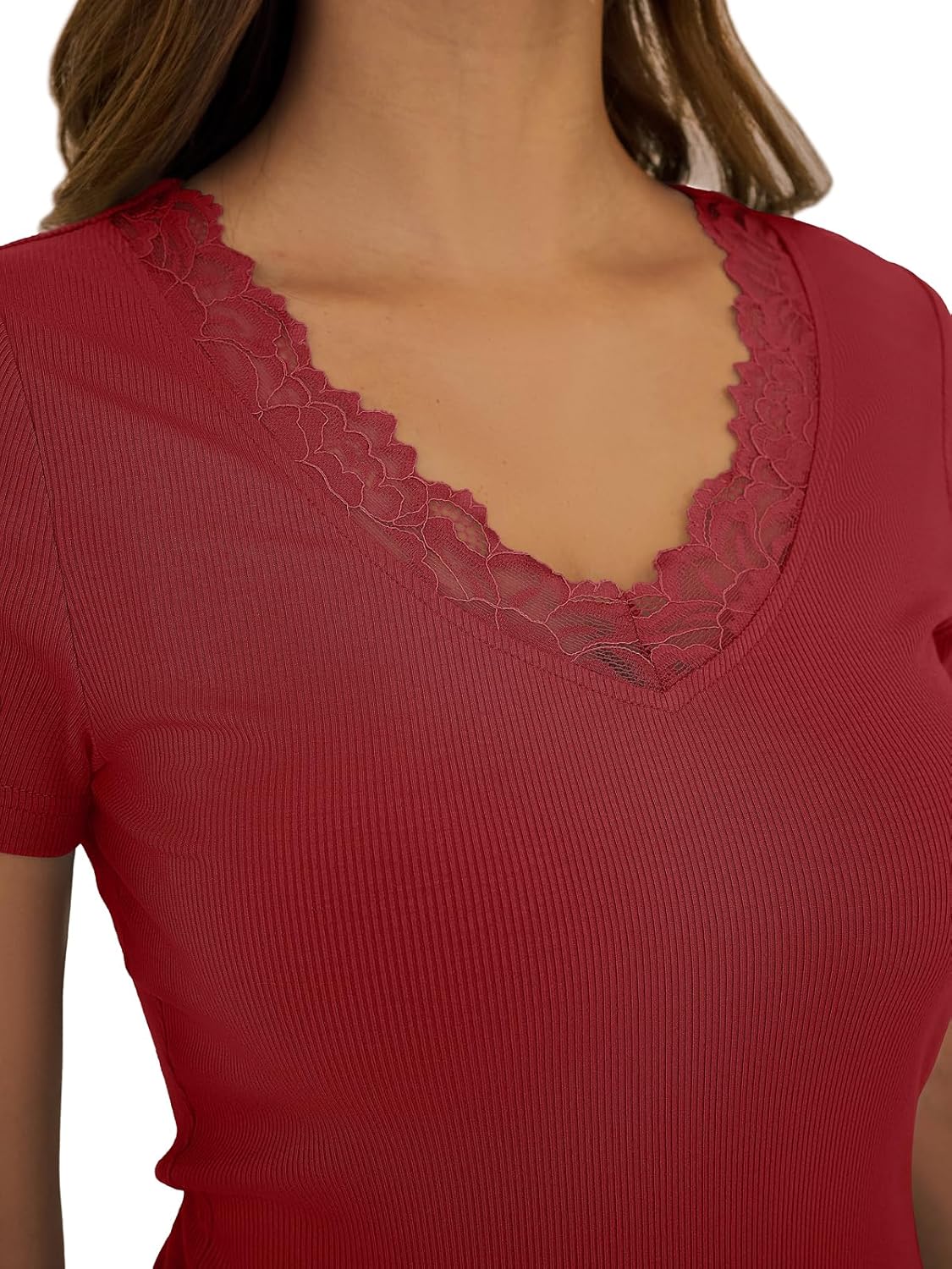 Womens Short Sleeve V Neck T Shirts Ribbed Lace Casual Tops Going Out Fitted Tight Shirts Basic Tee 2026 Outfits Trendy - Image 4